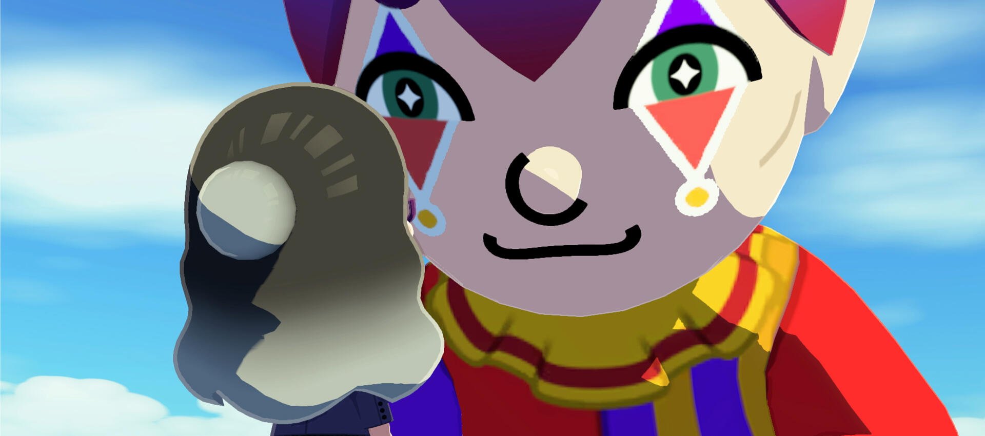 Close-up of a colorful clown-like Mii with star-shaped eyes and face paint waving a gloved hand against a sky, Tomodachi Life, Tomodachi Life: Living the Dream 2K Quad HD PC wallpaper