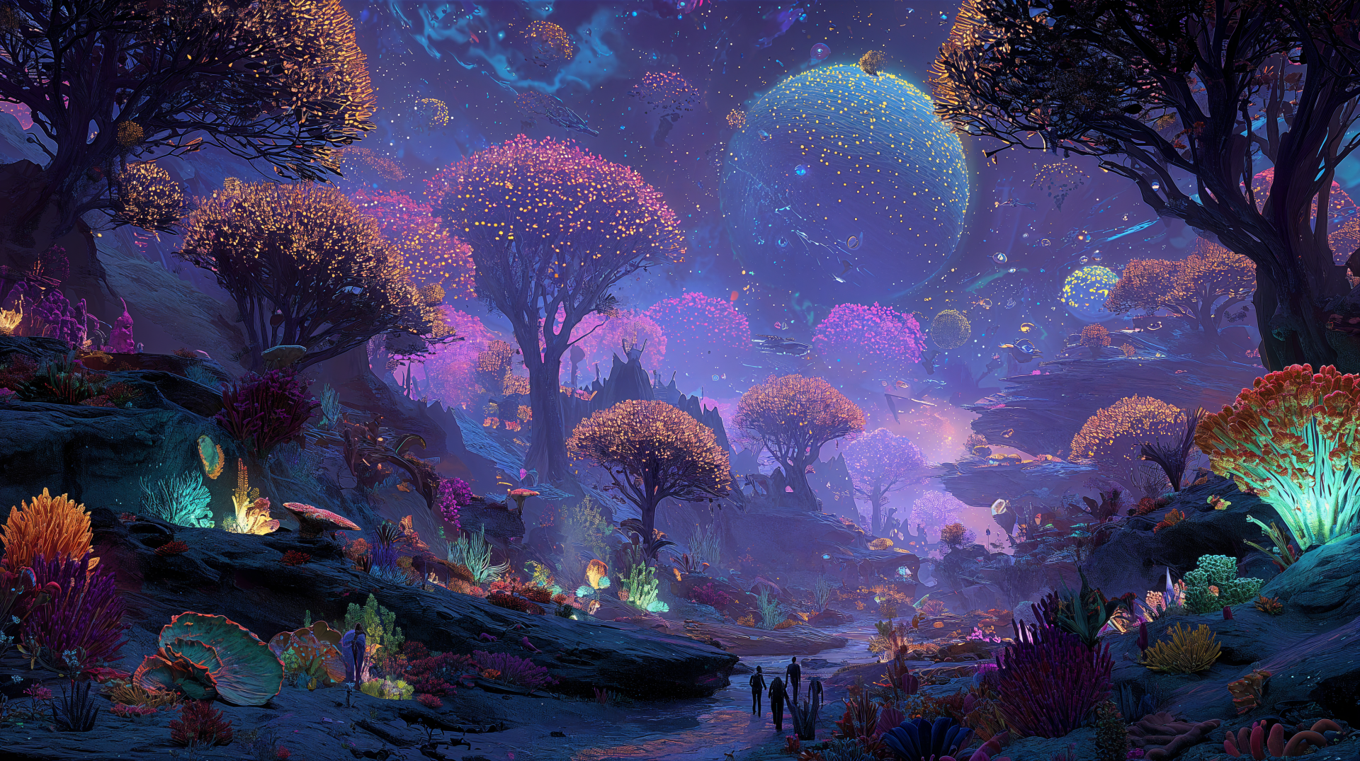 4K Ultra HD PC desktop wallpaper and background: vibrant sci‑fi landscape of bioluminescent trees and crystals, purple‑blue sky with twin planets and tiny silhouetted explorers.