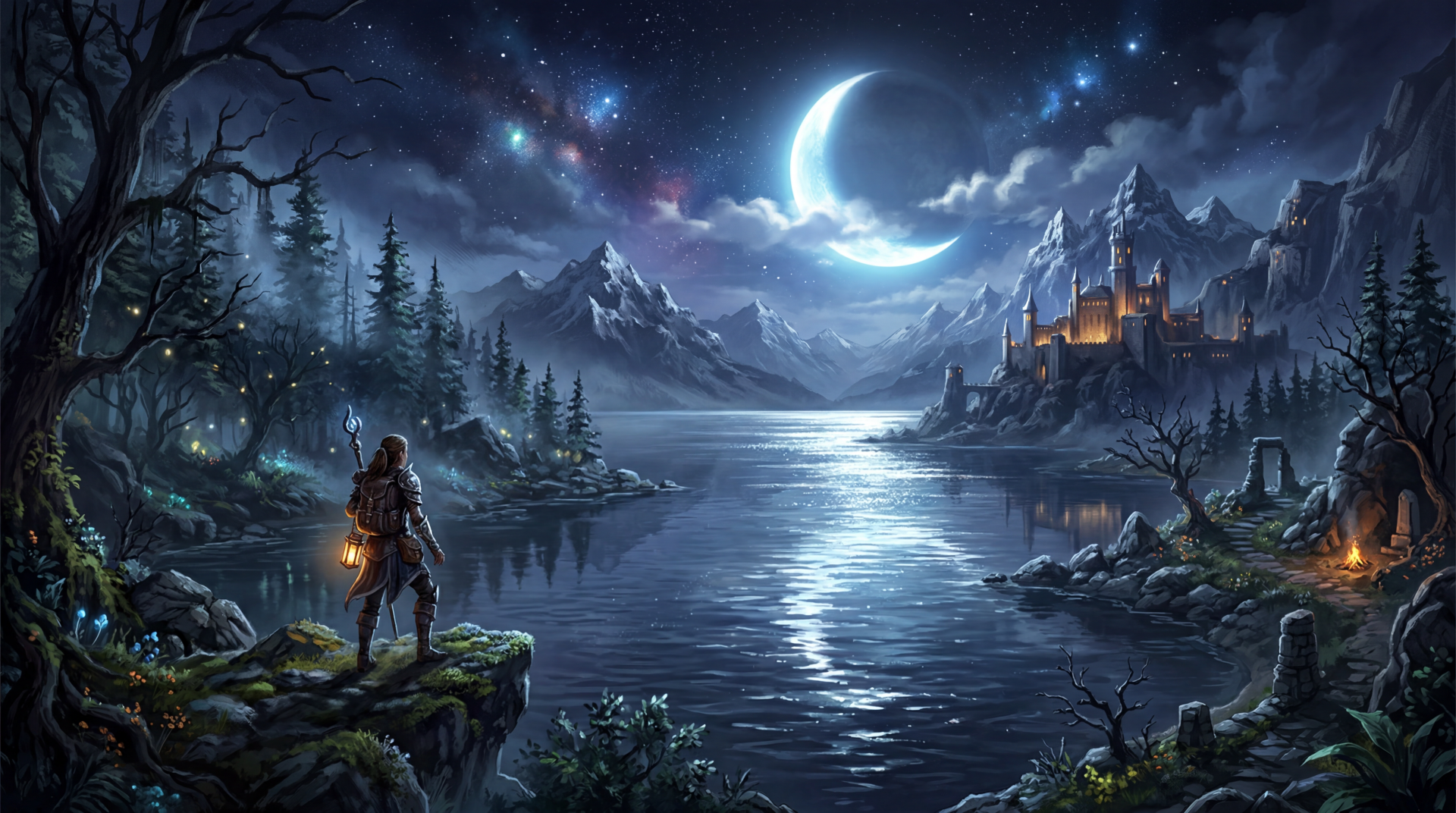 Moonlit lake 5K Ultra HD PC desktop wallpaper and background: lone traveler with lantern on a rocky shore gazes across a reflective moonlit lake toward a distant castle beneath snowy peaks and a star-filled sky.