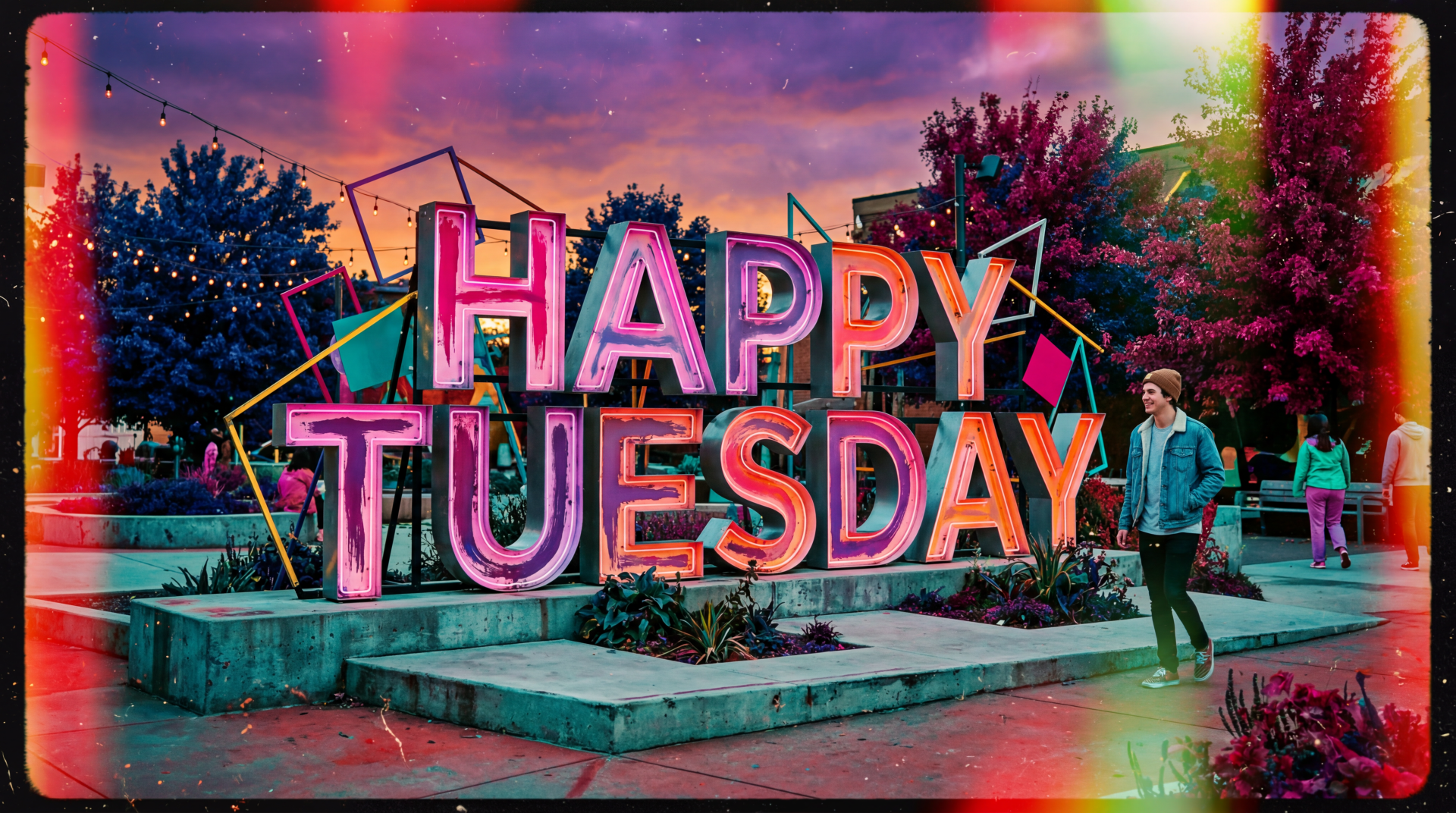 5K Ultra HD PC desktop wallpaper and background showing giant neon HAPPY TUESDAY letters in a vibrant park plaza at sunset with trees and people walking.