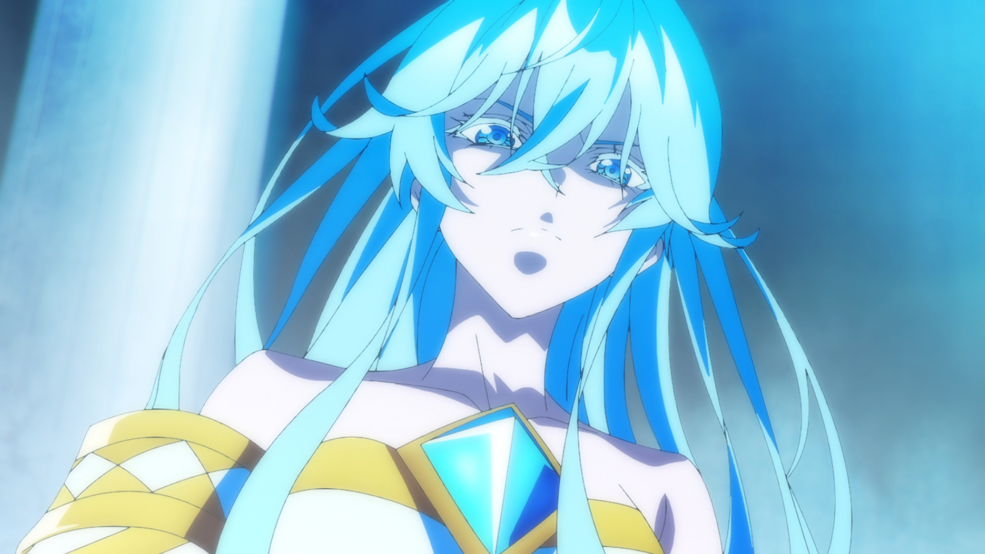 Anime HD wallpaper of Elfaria Albis Serfort (Wistoria: Wand and Sword) — turquoise-haired elf in white-and-gold armor with a glowing blue chest gem, bathed in ethereal blue light.