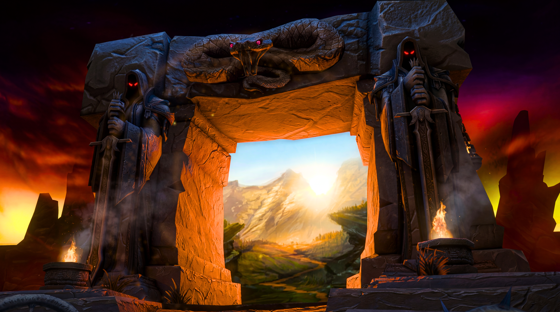 5K Ultra HD PC desktop wallpaper: World of Warcraft fantasy MMORPG portal — a carved stone arch flanked by hooded statues opens onto a sunlit valley and distant mountains.