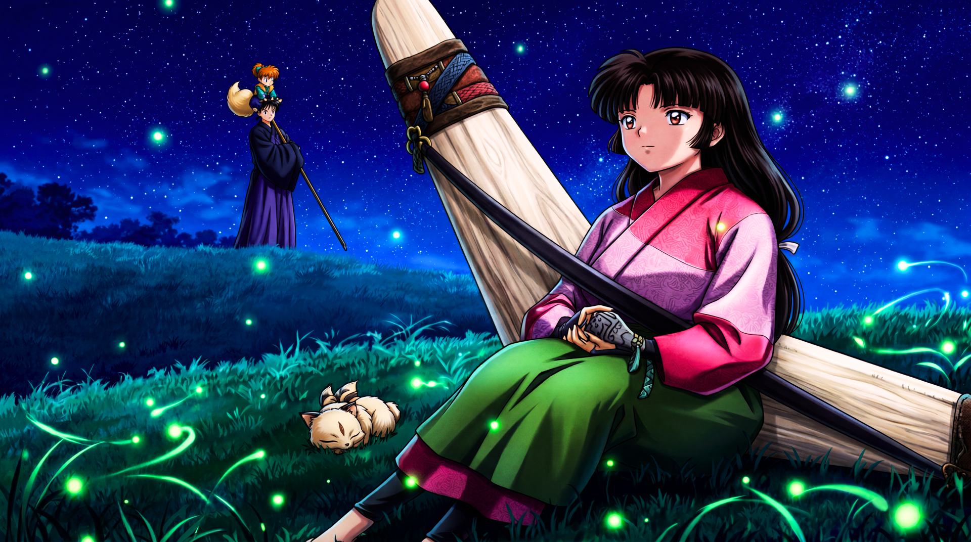 5K Ultra HD PC desktop wallpaper of InuYasha anime: Sango seated against a log at night, Miroku standing distant, Shippō curled on grass beneath a starry, softly glowing field.