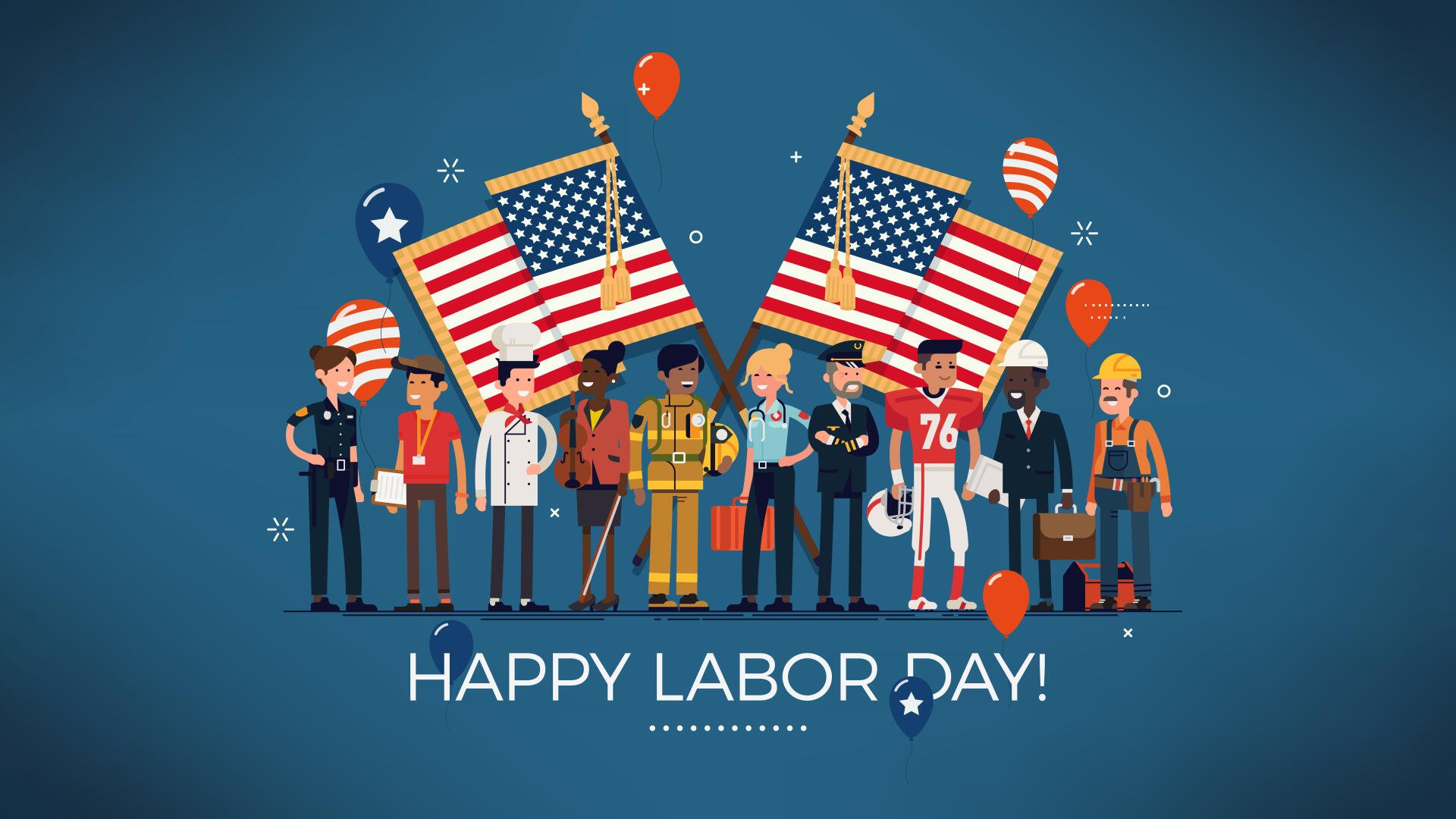 8K Ultra HD PC desktop wallpaper/background: diverse workers gathered with American flags and balloons celebrating the Labor Day holiday in the USA.
