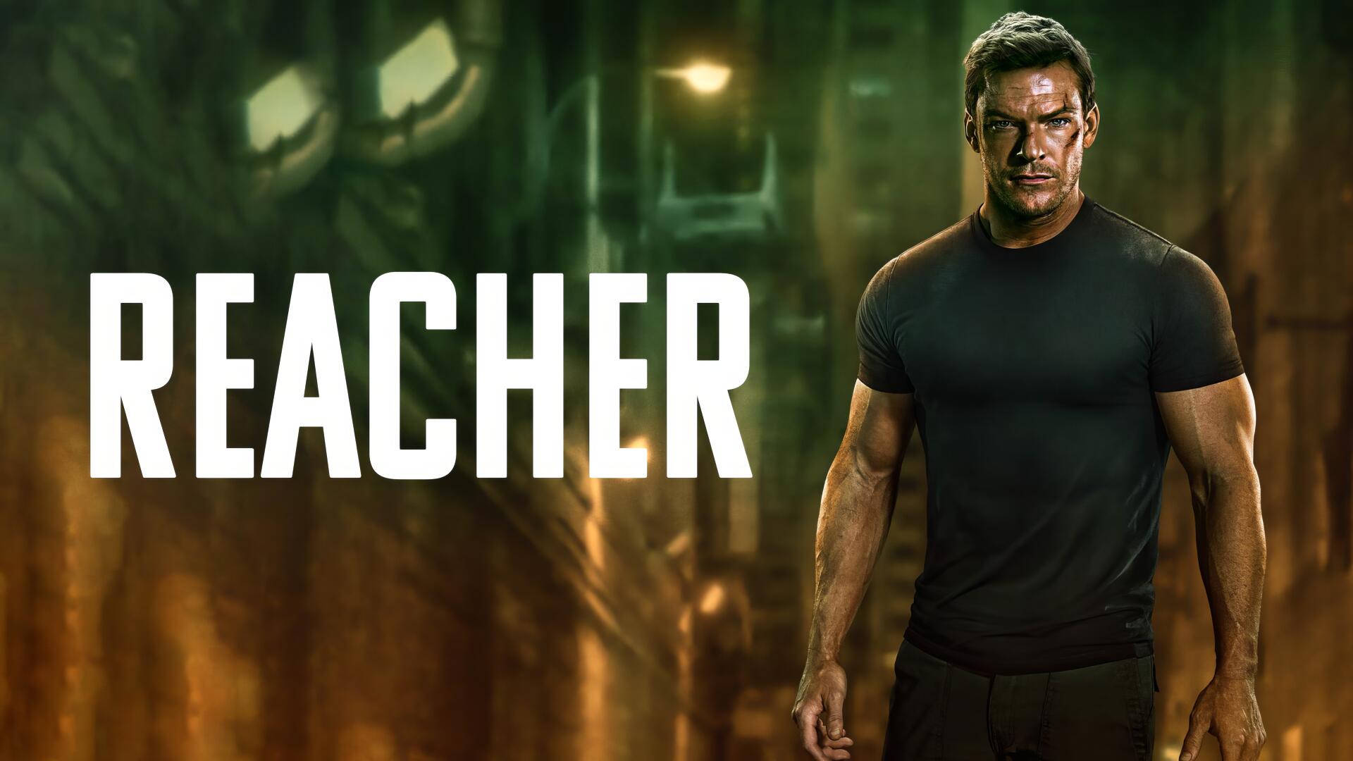4K Ultra HD PC desktop wallpaper of the TV show Reacher: the muscular series lead in a black shirt standing amid a moody, industrial urban backdrop.