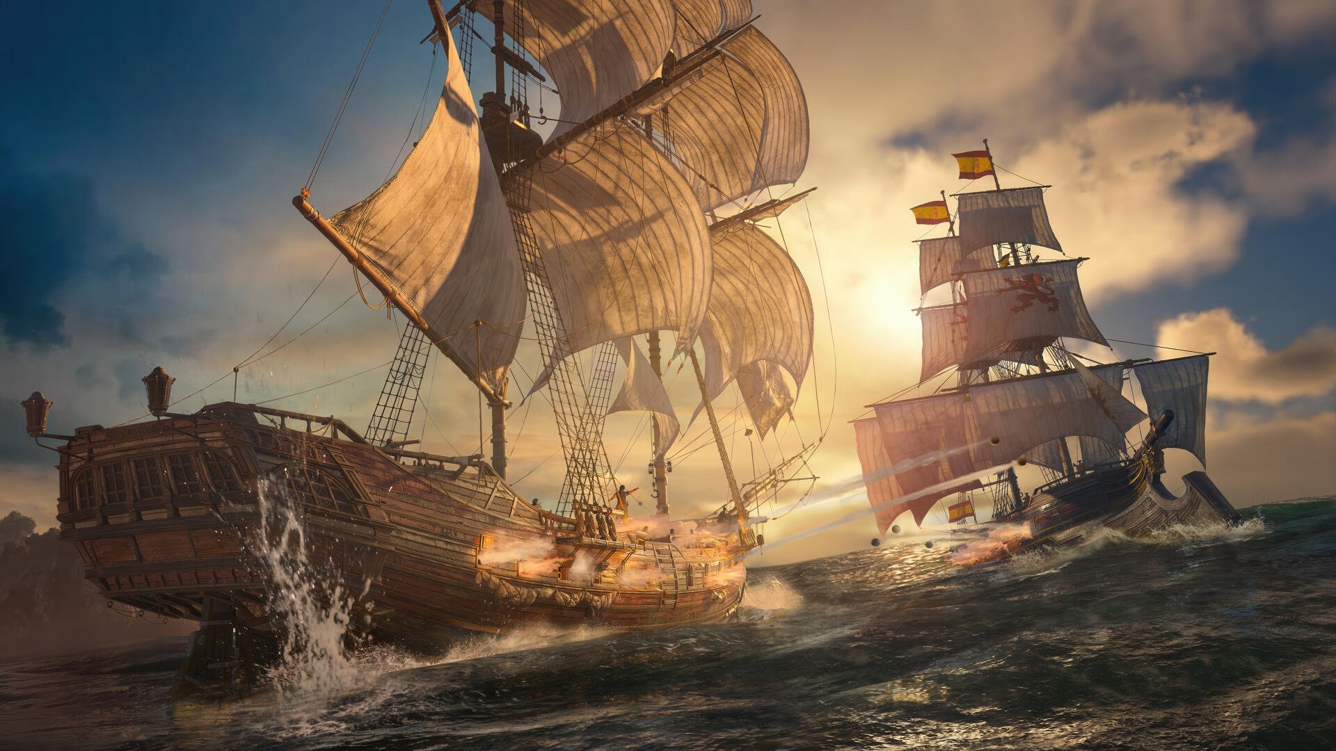 Assassin's Creed Black Flag Resynced 4K Ultra HD PC desktop wallpaper: dramatic Sea War with pirate ships exchanging cannon fire amid stormy seas.