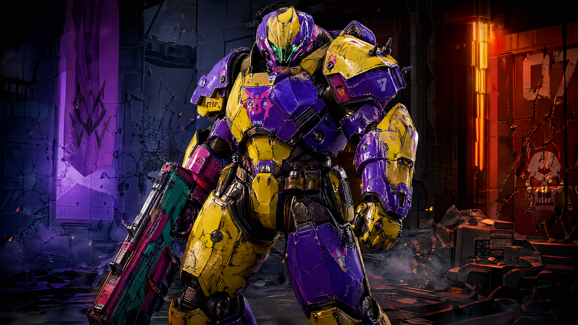 Power Armor warrior in battered yellow-and-purple plating, wielding a heavy rifle amid a neon-lit ruin — 4K Ultra HD PC desktop wallpaper and background
