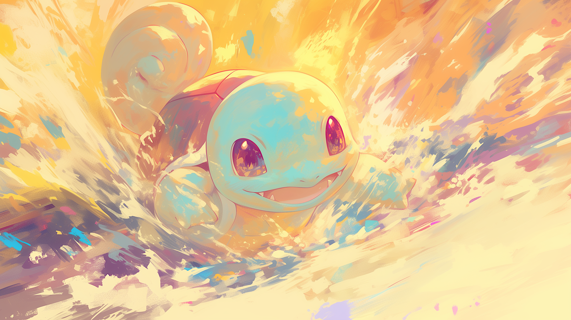 Squirtle (Pokémon) anime-style splashing through bright, painterly water; vibrant colors and dynamic brushstrokes. 2K Quad HD PC desktop wallpaper background.