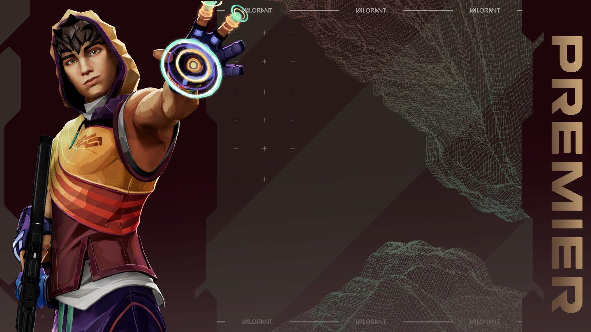 Valorant agent Miks in a colorful hoodie aims an energy ring at the viewer, left foreground; dark maroon HD PC desktop wallpaper with wireframe terrain and HUD elements on the right.