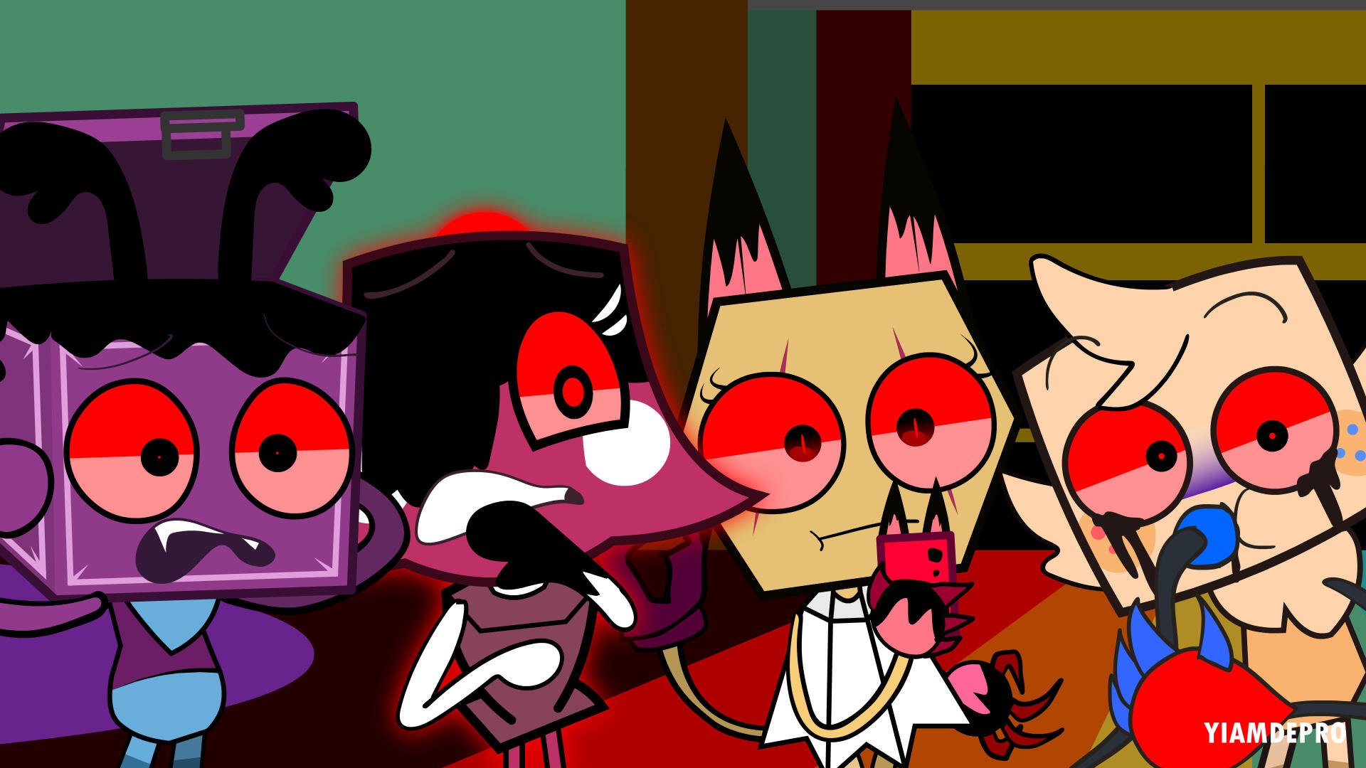 Vibrant 4K Ultra HD PC desktop wallpaper background from the survival game Dandy's World: four stylized characters with wide red eyes and bold colors crowded in a tense, cartoon interior.