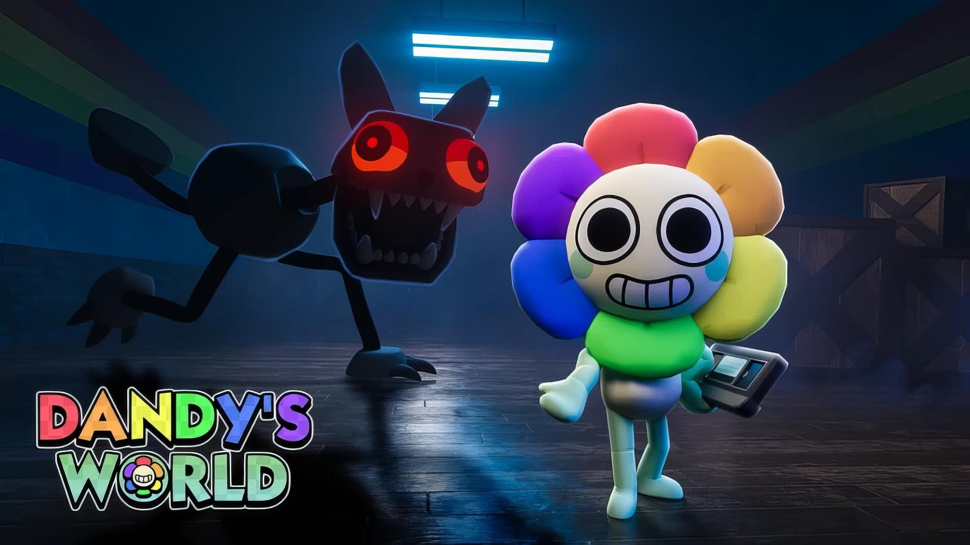 HD PC desktop wallpaper for horror game Dandy's World: cheerful rainbow-petaled flower character grins in front of a snarling shadow beast with glowing red eyes in a neon-lit room.