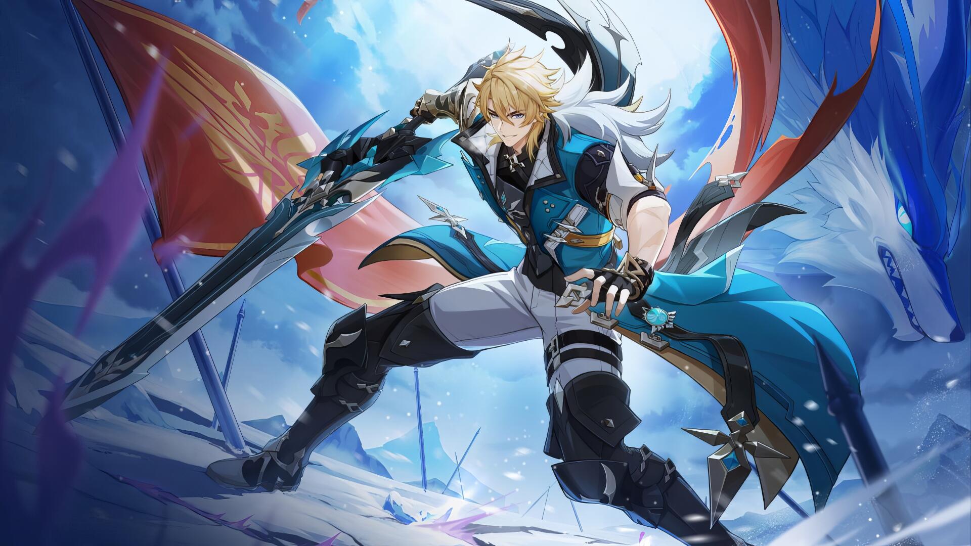 4K Ultra HD PC wallpaper of Varka from the video game Genshin Impact — blonde warrior in blue armor wielding a broadsword amid icy, wind-blown battlefield.