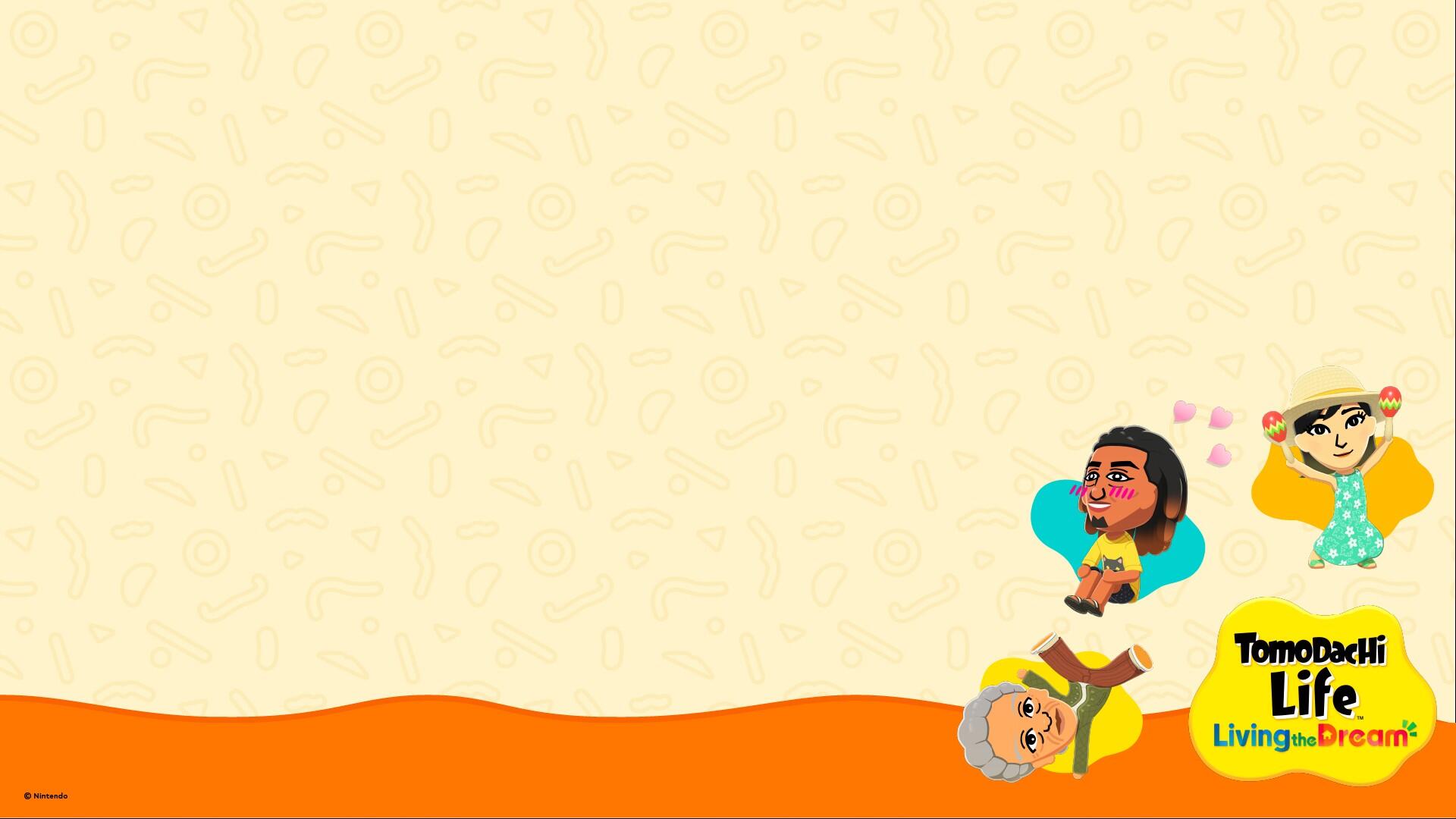 Tomodachi Life — Tomodachi Life: Living the Dream HD PC desktop wallpaper/background: cream field with orange wave at bottom and three colorful Mii characters beside the game logo.