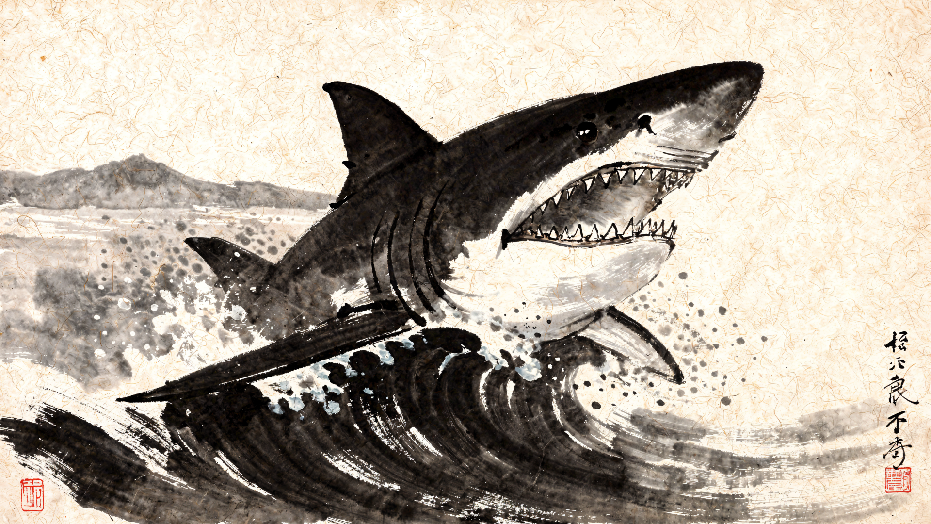 Monochrome ink-style Megalodon breaching stormy waves with a distant coastline — 4K Ultra HD PC desktop wallpaper and background.