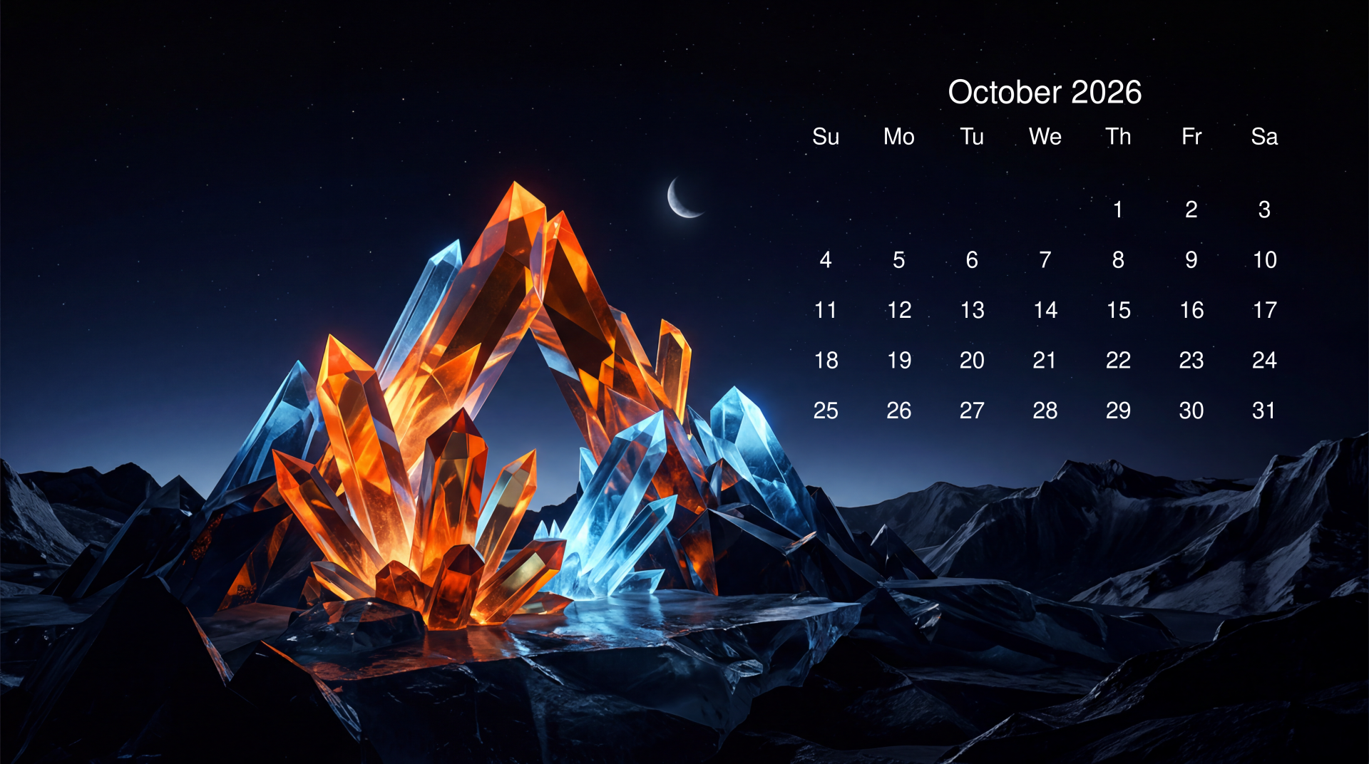 October 2026 calendar over a 5K Ultra HD PC desktop wallpaper showing glowing orange and blue crystal formations on a dark rocky landscape beneath a crescent moon.