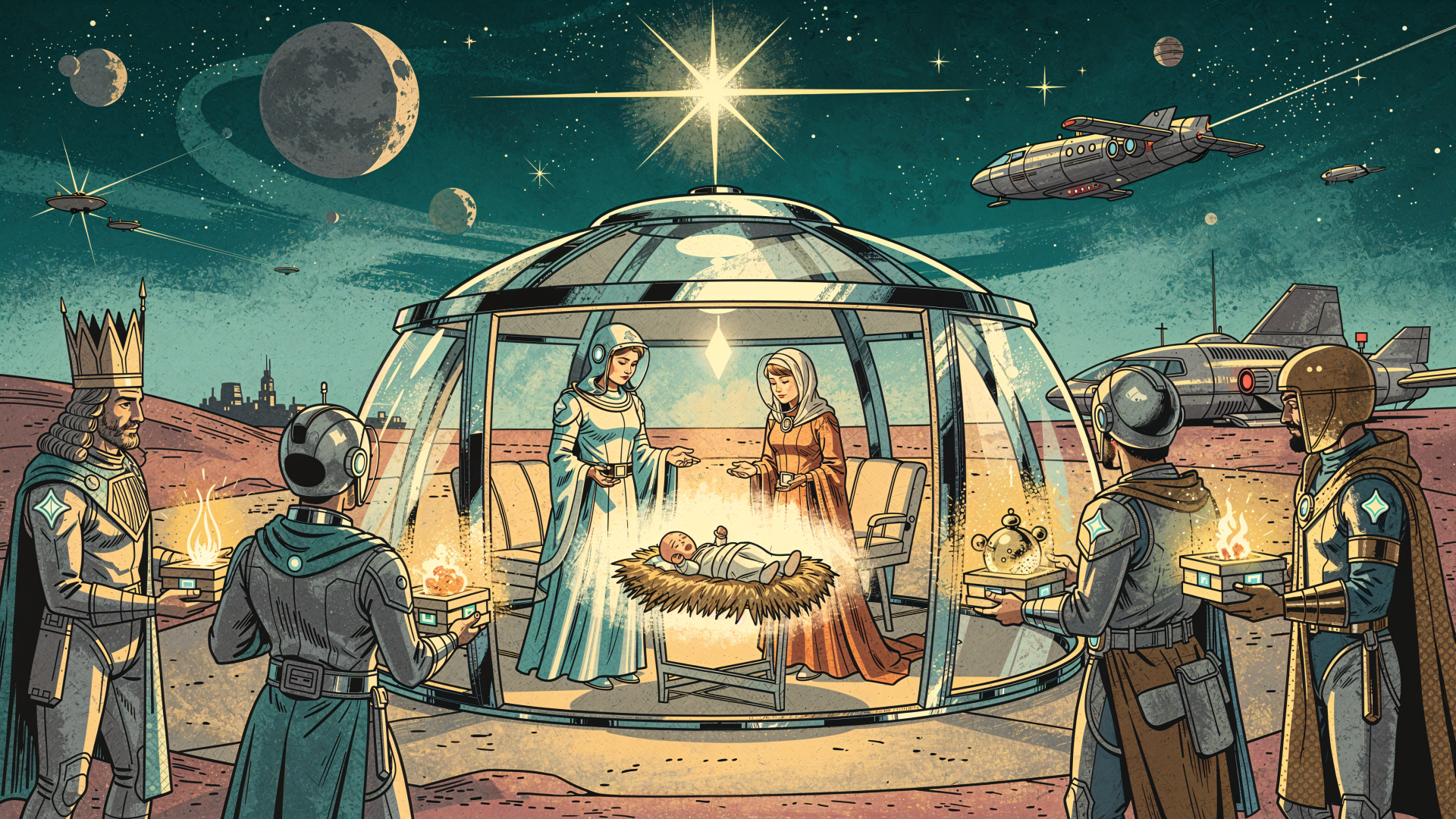 Futuristic nativity scene 4K Ultra HD PC desktop wallpaper and background: Mary, Joseph and infant in a glass dome on an alien landscape beneath a bright star, with astronauts and starships.