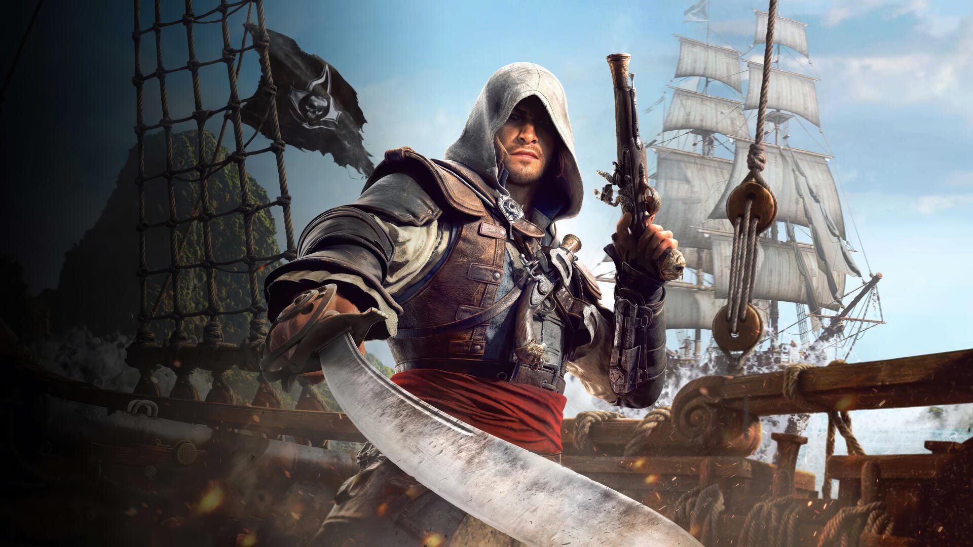 Assassin's Creed Black Flag Resynced 4K Ultra HD PC desktop wallpaper — hooded pirate assassin with pistol and cutlass standing on a sailing ship beneath full sails and a Jolly Roger.