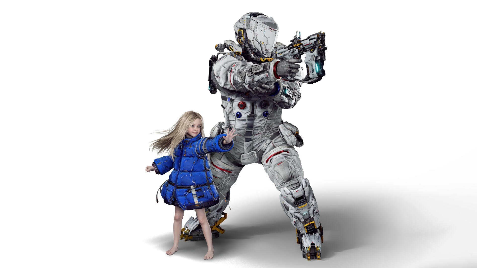 Pragmata 4K Ultra HD PC desktop wallpaper: armored astronaut aiming a gun beside a barefoot girl in a blue coat on a stark white background.