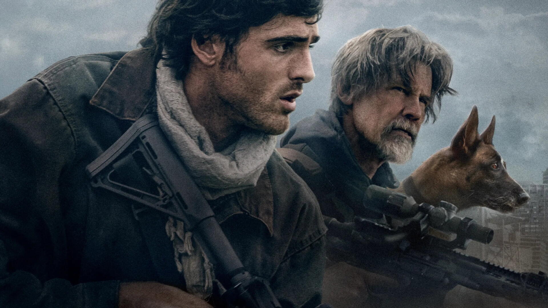 Two armed men and a vigilant dog in a misty, tense post-apocalyptic scene — The Dog Star, 2K Quad HD PC desktop wallpaper/background.