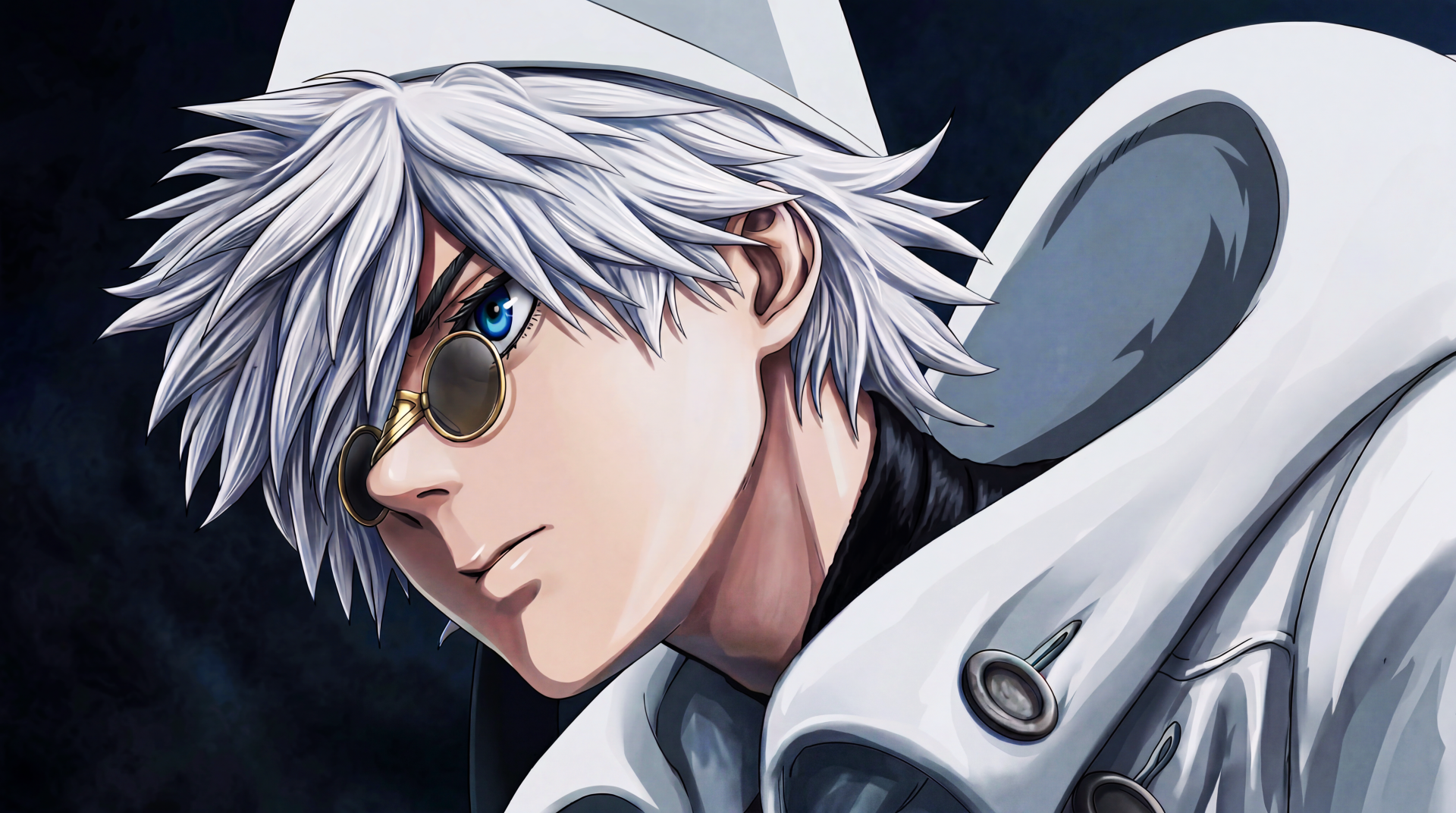 White-haired, glasses-wearing mage in a pointed hat from Witch Hat Atelier — anime fantasy magic portrait, high-detail 5K Ultra HD PC desktop wallpaper and background.