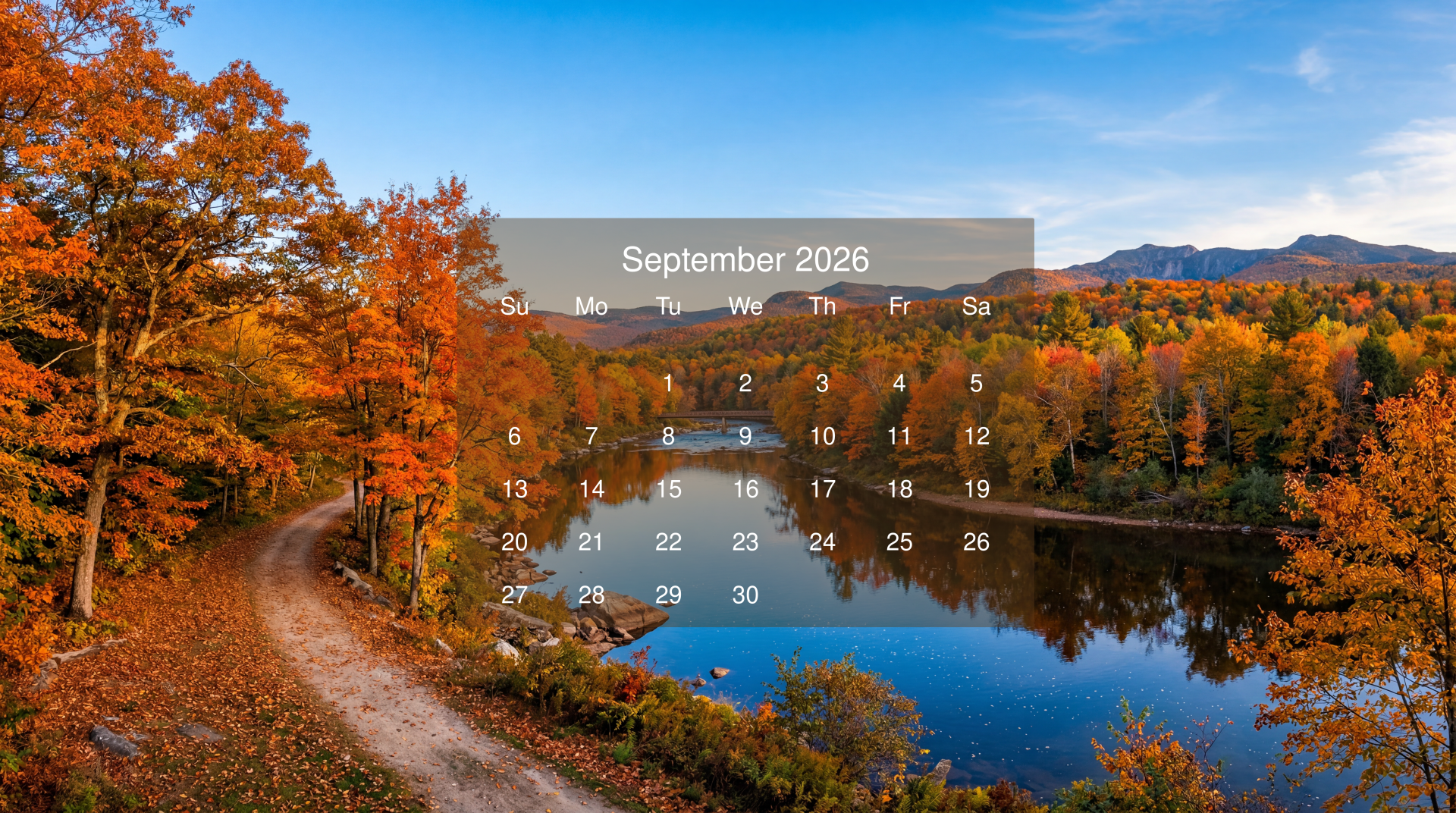 September 2026 calendar over a 5K Ultra HD PC desktop wallpaper and background: autumn lakeside with vibrant foliage, a winding dirt path and trees mirrored in the calm water.