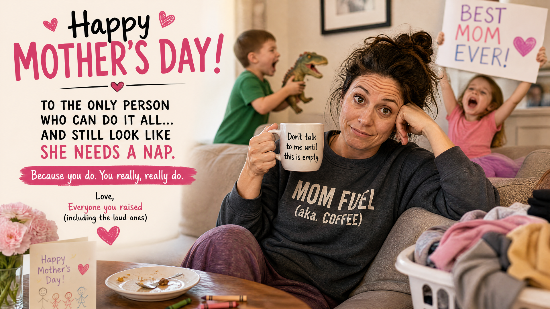 Mother's Day 4K Ultra HD PC desktop wallpaper: tired mom in MOM FUEL (aka, COFFEE) shirt holds a mug while kids play, alongside a pink Happy Mother's Day greeting with hearts and a cheeky message.