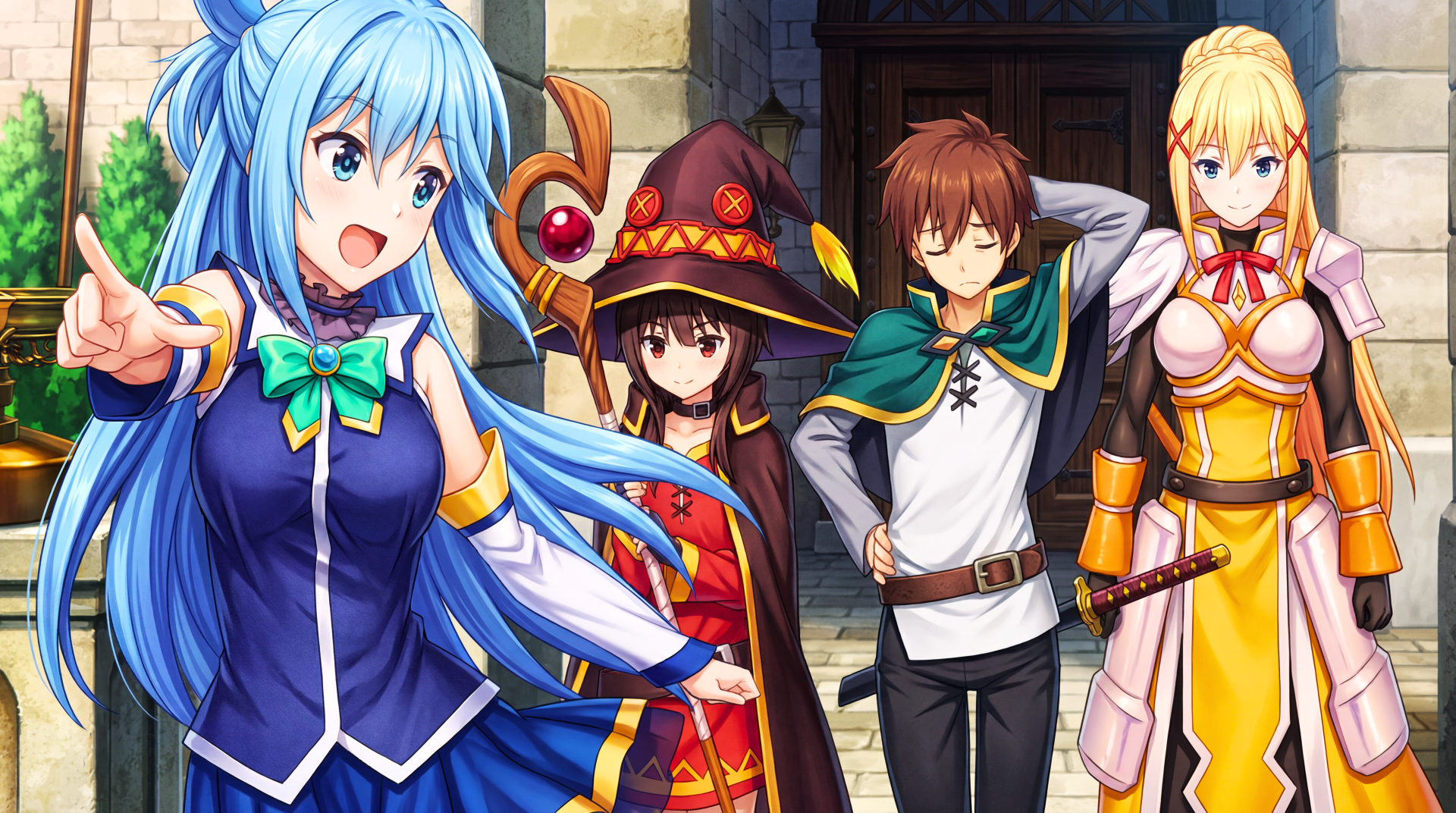 5K Ultra HD PC wallpaper of KonoSuba — Aqua, Kazuma Satou, Megumin and Darkness posing together in a vibrant fantasy town scene.