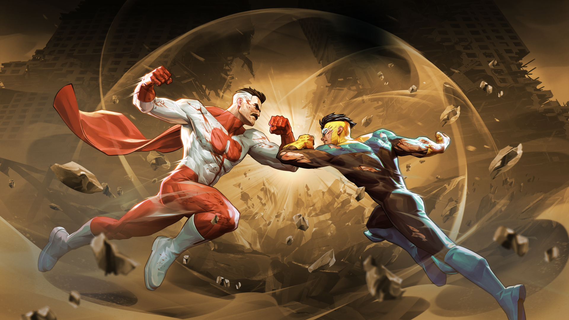 2K Quad HD video game PC wallpaper: Invincible vs Omni-Man (Invincible 2006) midair clash, capes and debris swirling in a shattered energy ring.