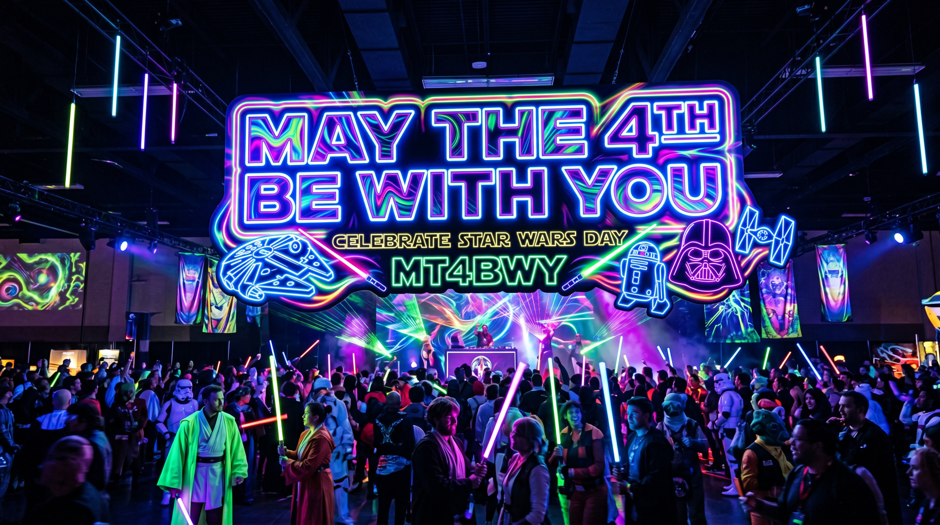 Neon May the 4th 5K Ultra HD PC desktop wallpaper: crowded Star Wars celebration with lightsabers, glowing marquee reading May the 4th Be With You and vibrant sci‑fi stage graphics.