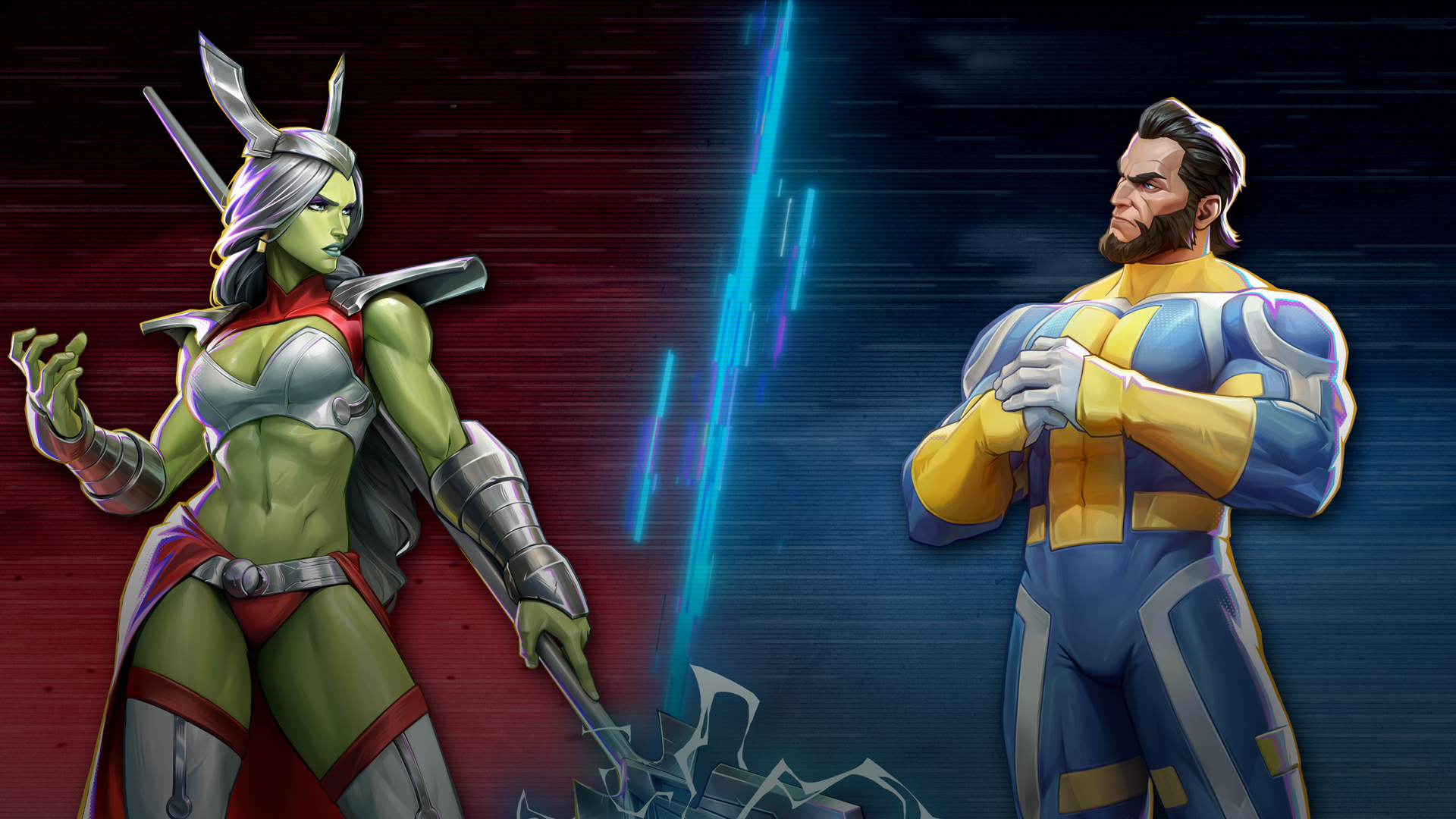 HD PC desktop wallpaper background: video game Invincible VS showdown — green armored, axe-wielding warrior faces a yellow-blue superpowered hero across a crackling energy rift.