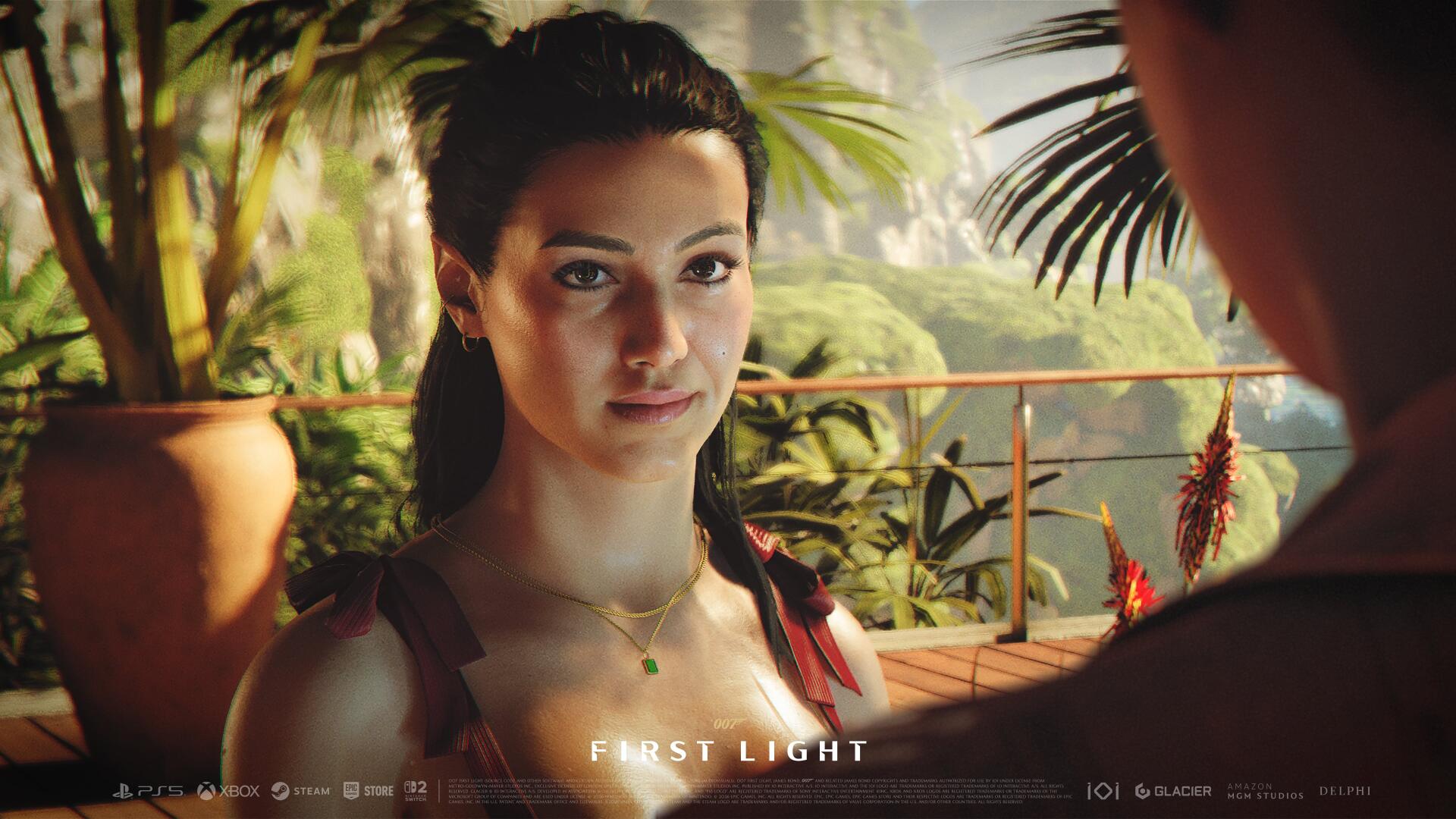 Portrait of a female agent on a sunlit tropical balcony from the video game 007: First Light — 4K Ultra HD PC desktop wallpaper with warm lighting and lush foliage.