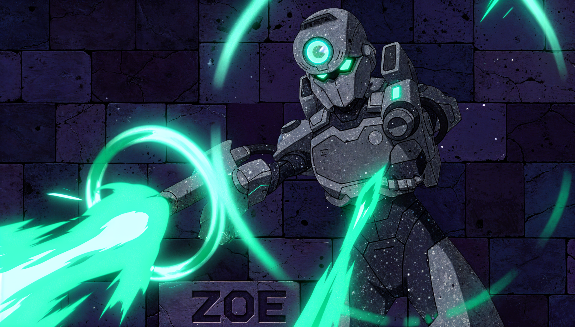4K Ultra HD PC desktop wallpaper of Zoe (Invincible) in an armored exosuit, unleashing neon-green energy blasts against a dark tiled background with her name ZOE.