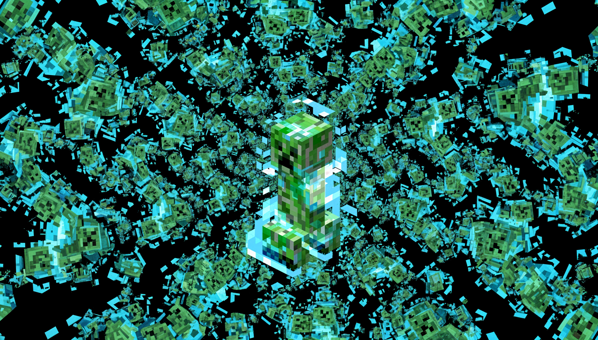 4K Ultra HD PC desktop wallpaper: Creeper (Minecraft) composed of green-blue pixel blocks, surrounded by floating fragmented cubes on a black background.