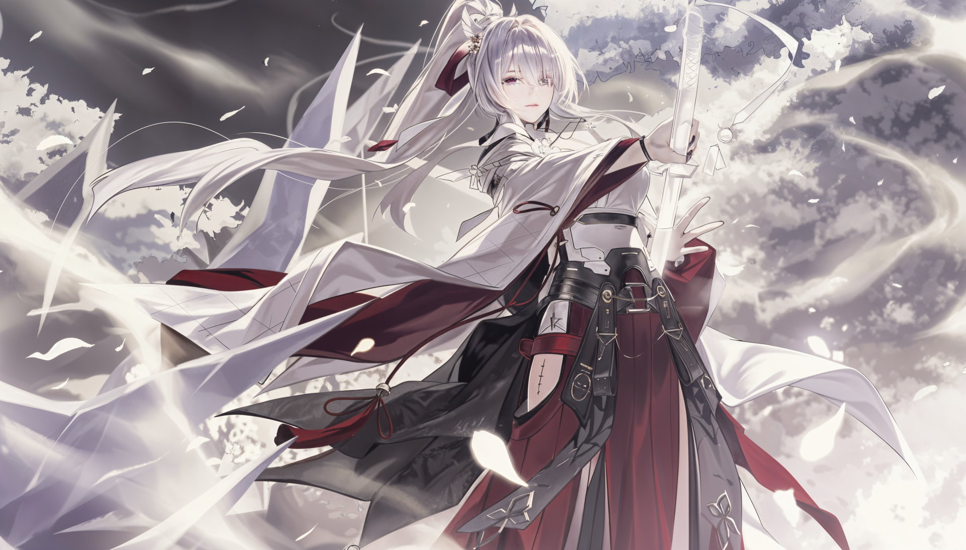 Hiyuki (Wuthering Waves) in flowing red-and-black robes, white hair and sword amid swirling petals and mist — 4K Ultra HD PC desktop wallpaper.