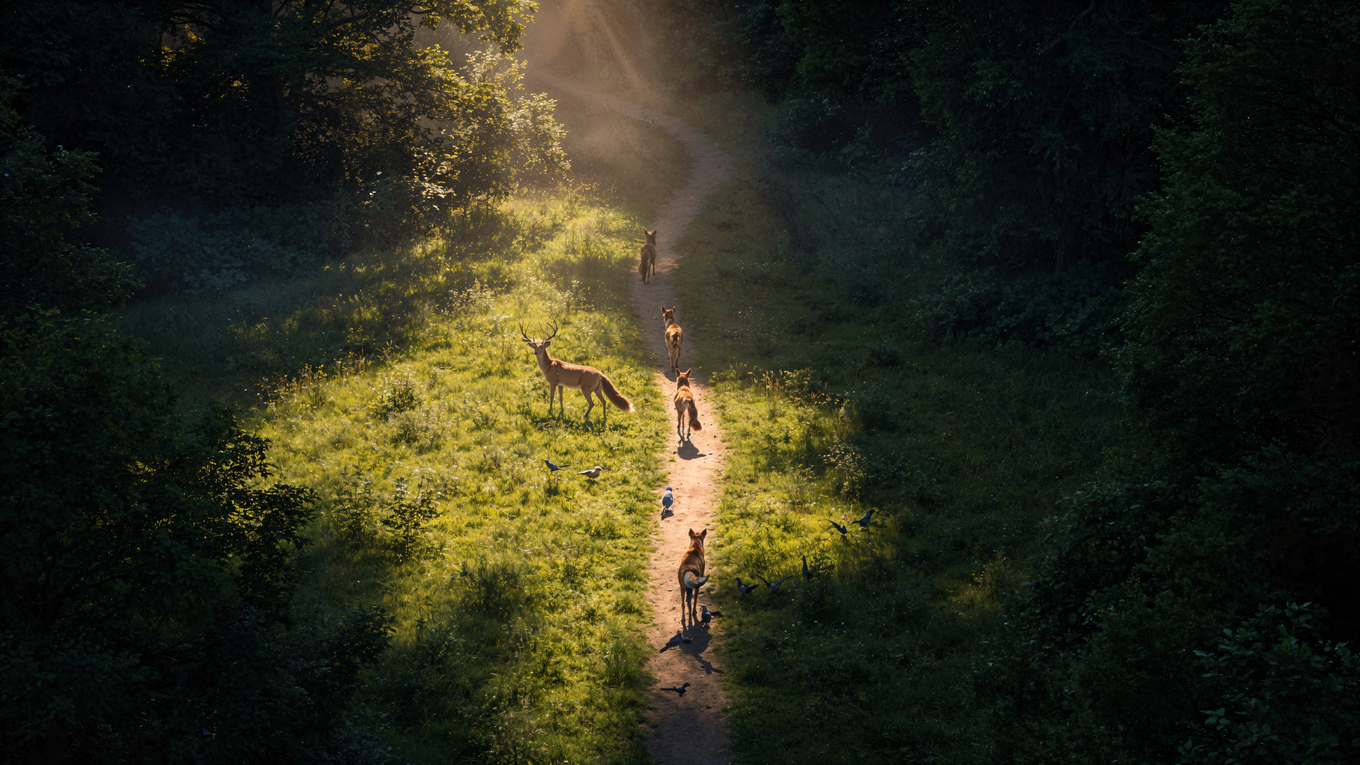 4K Ultra HD PC desktop wallpaper and background: sunlit forest clearing with a narrow path and deer walking through shafts of light.