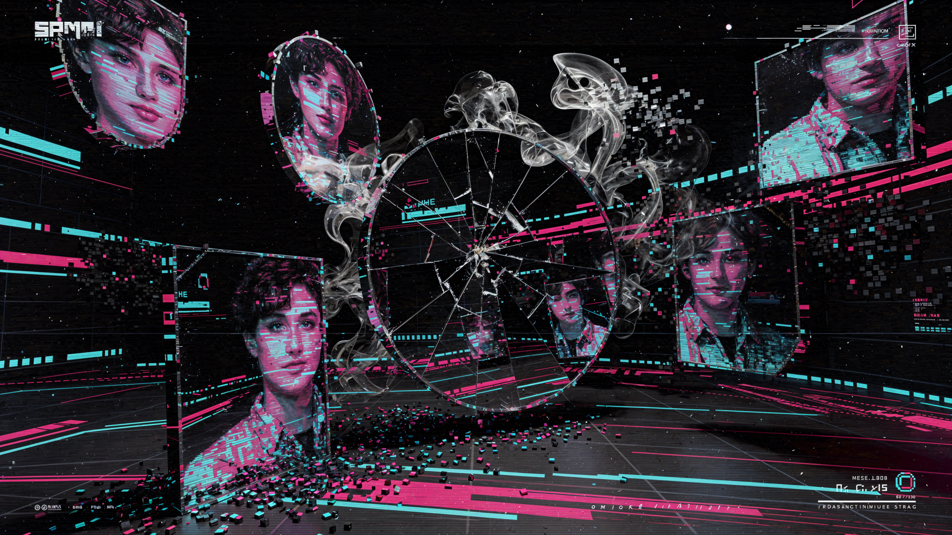 4K Ultra HD PC desktop wallpaper and background: neon cyberpunk scene with holographic glitch portraits orbiting a shattered glass globe, smoky data fragments and magenta-cyan light trails.