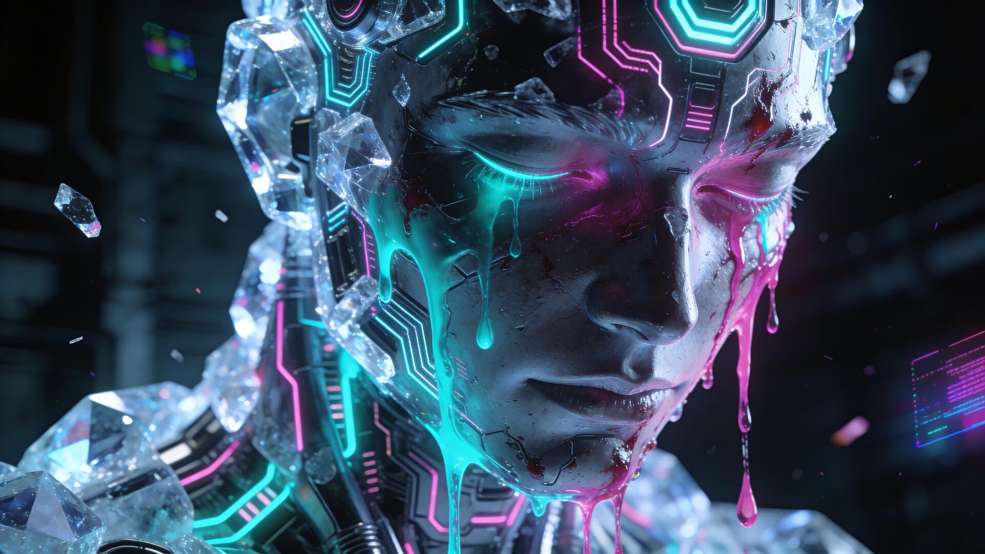 4K Ultra HD PC desktop background of a sad cybernetic face, neon teal and magenta tears streaming from cracked glass skin, futuristic circuits glowing in the dark.
