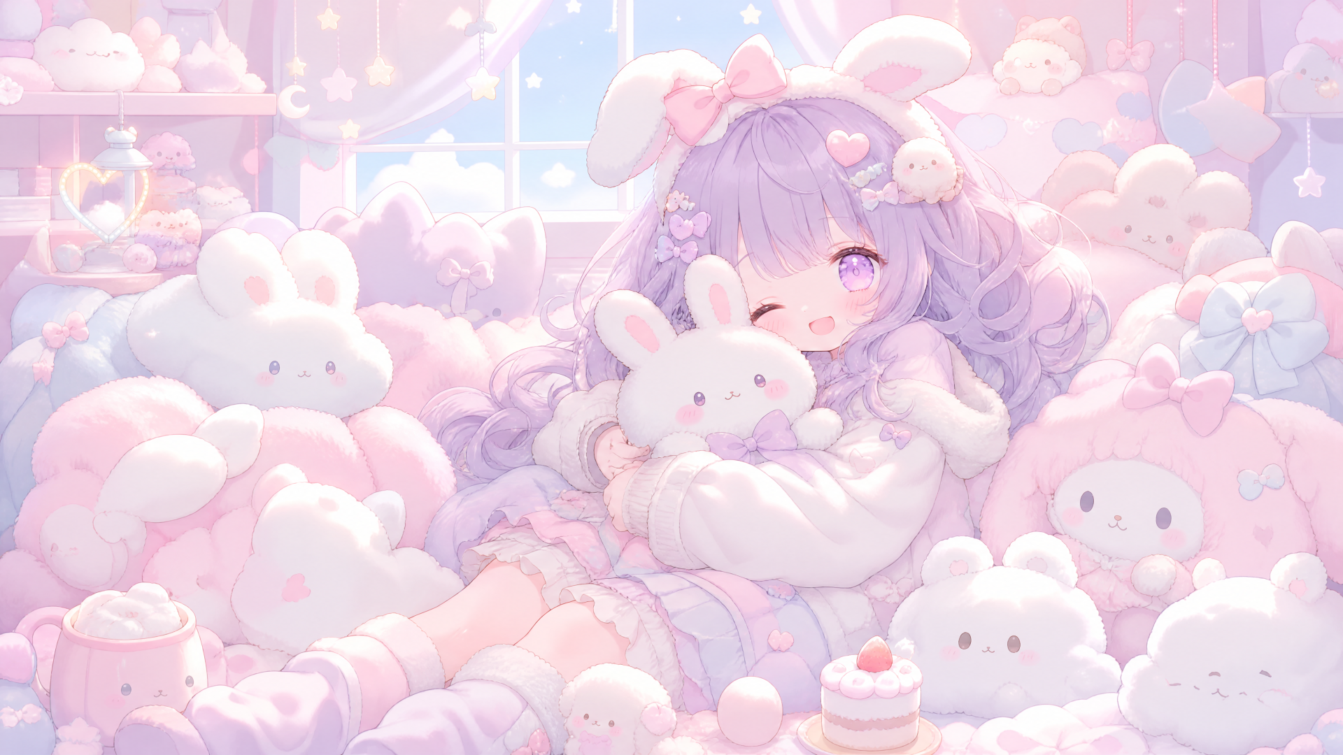 Cute pastel 4K Ultra HD PC desktop wallpaper: a cute kawaii purple-haired girl cuddling a fluffy white bunny among dozens of plush bunnies in a dreamy pink, cloudlike room.