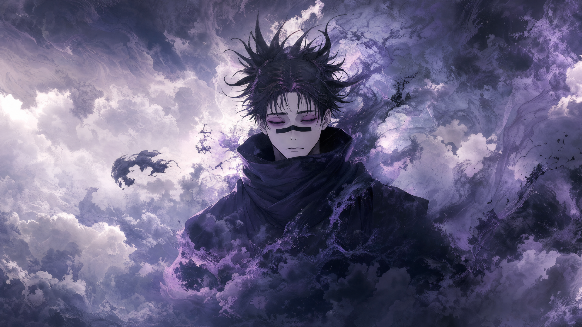 Choso (Jujutsu Kaisen) emerges from swirling purple clouds and shadowy mist — dark, atmospheric 4K Ultra HD PC desktop wallpaper background.