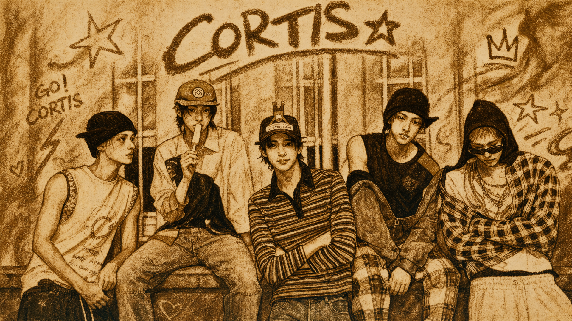 Sepia-toned illustration of five figures lounging beneath graffiti reading CORTIS — gritty urban 4K Ultra HD PC desktop wallpaper and background.