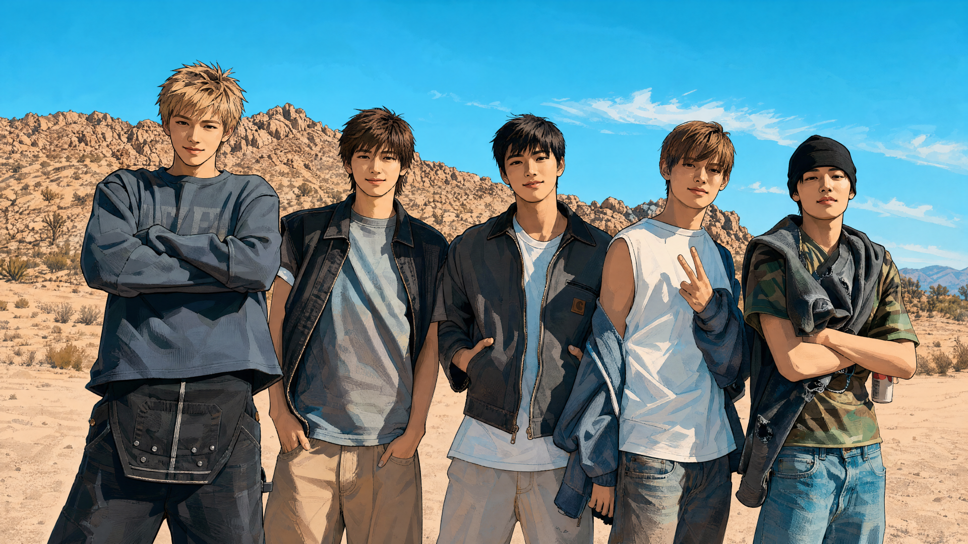 4K Ultra HD PC desktop wallpaper: five young men in casual desert attire pose under a bright blue sky; image tagged Cortis.