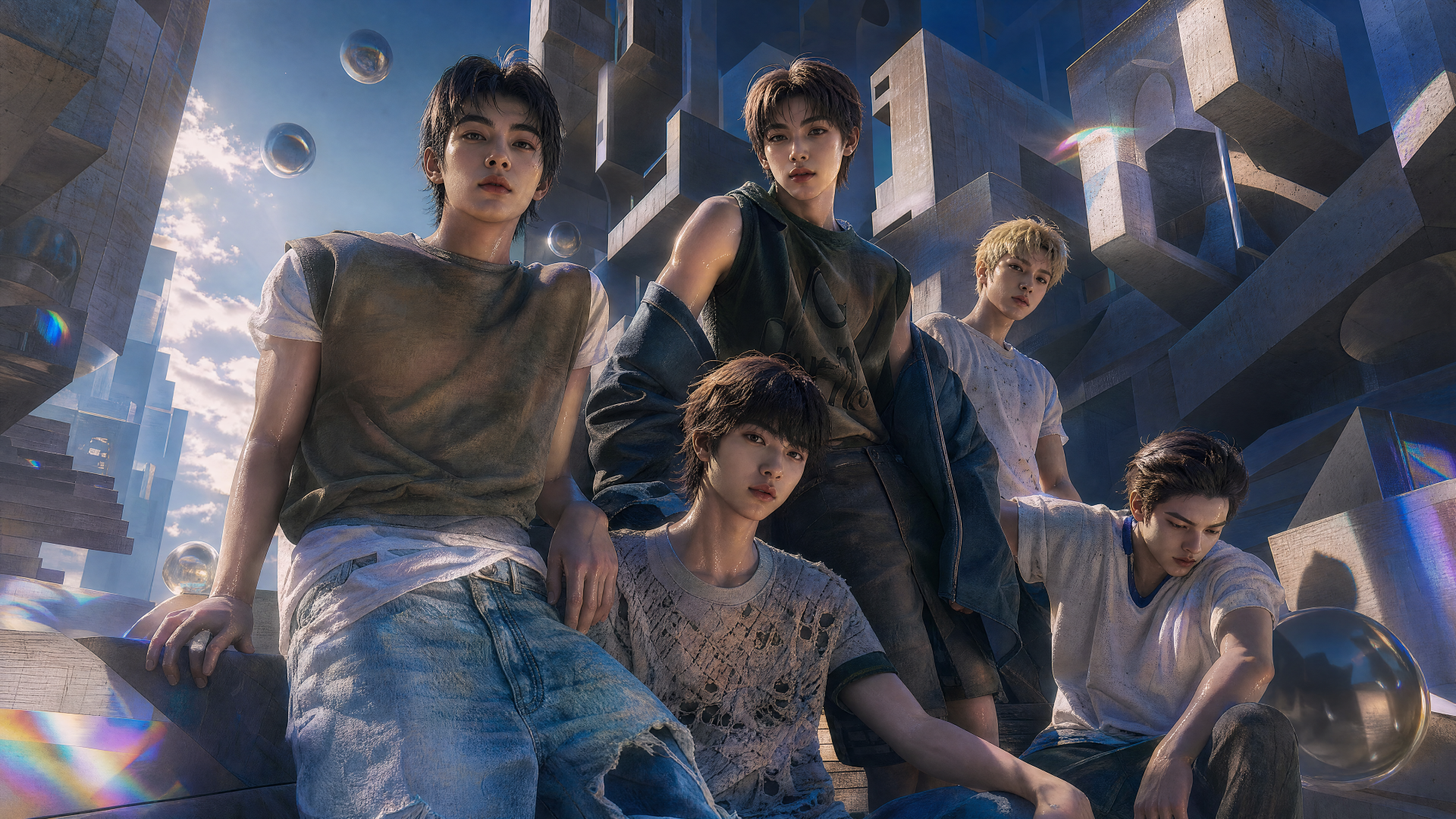 Cortis — 4K Ultra HD PC desktop wallpaper and background: five young figures posed among towering geometric monoliths and floating spheres beneath a dramatic, cool-toned sky.
