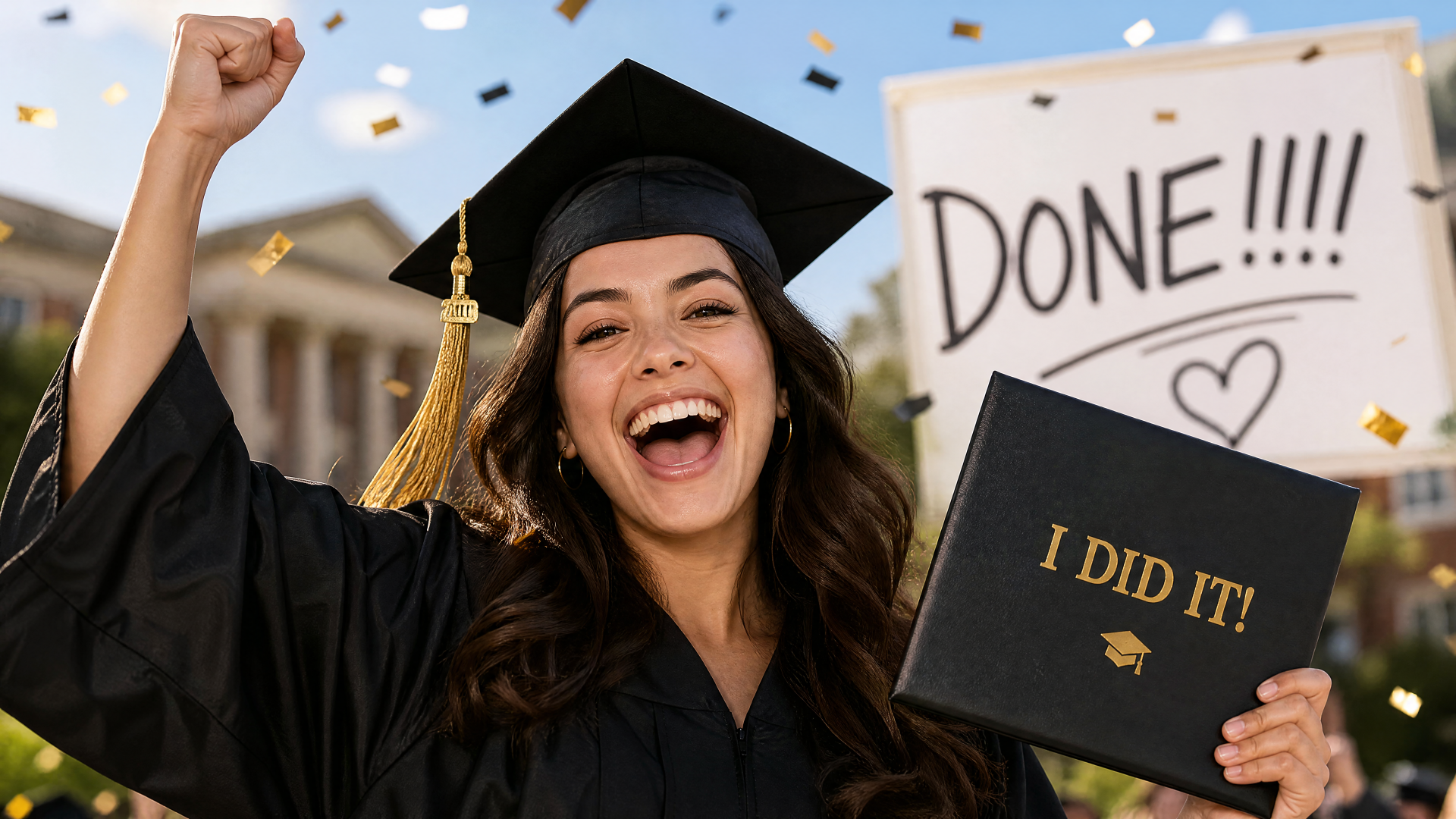4K Ultra HD PC desktop wallpaper of a smiling graduate in cap and gown, fist raised, holding a diploma reading I DID IT!, confetti and a DONE!!!! sign — graduation celebration.
