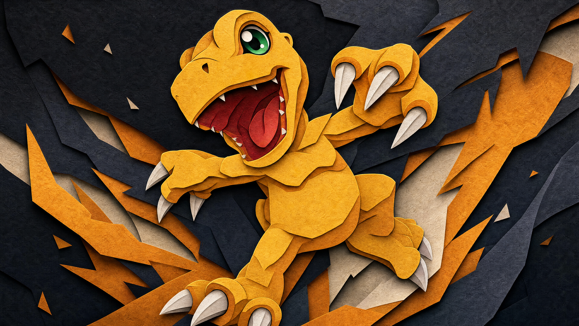 Agumon leaping with jaws open over a jagged black-and-orange paper-cut backdrop — 4K Ultra HD PC Desktop Wallpaper and Background.