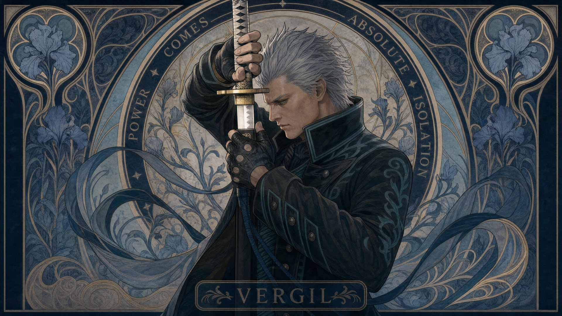 Vergil (Devil May Cry) holding a katana in profile against ornate blue-gray filigree — 4K Ultra HD PC desktop wallpaper background.