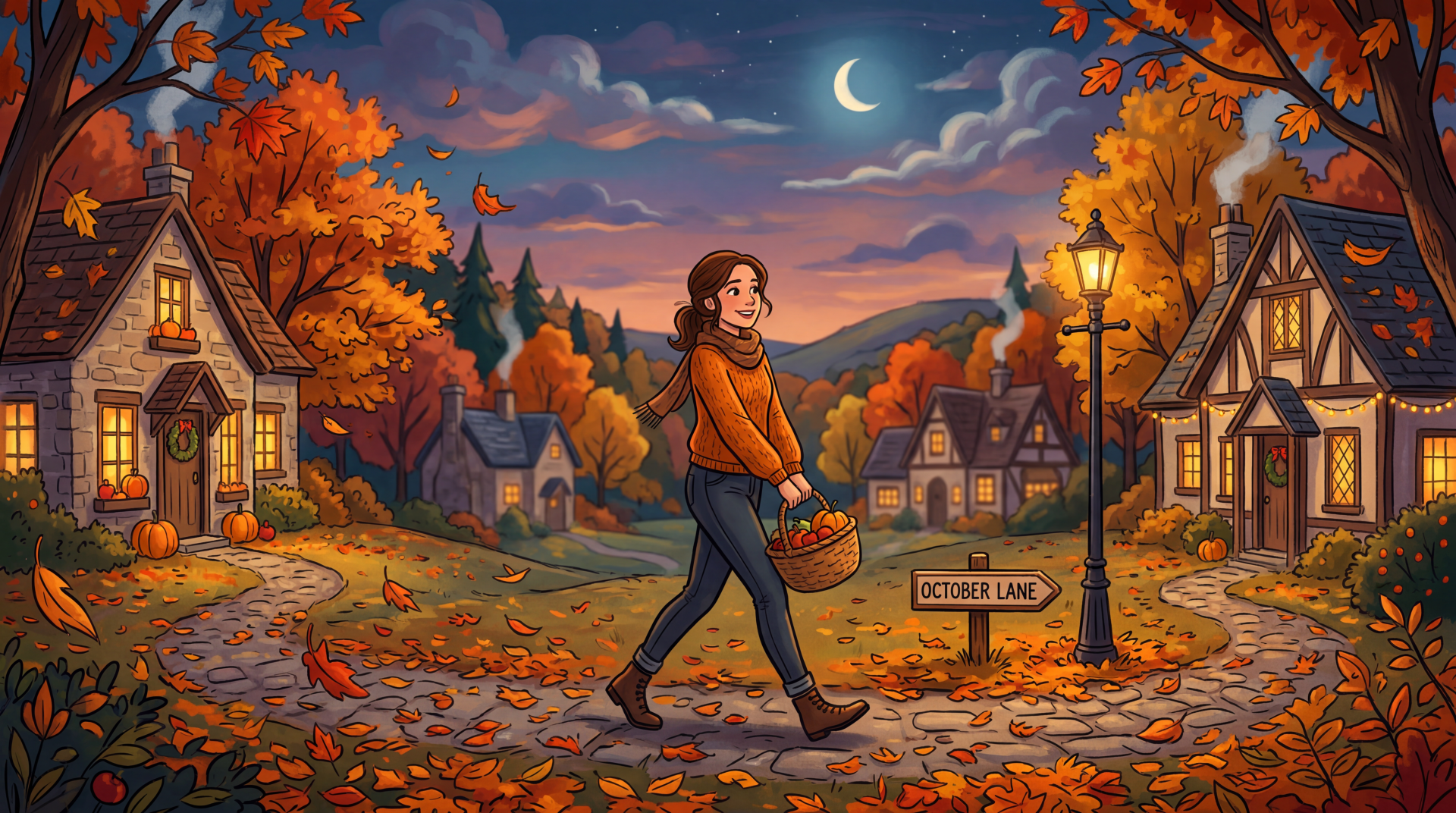October aesthetic 5K Ultra HD PC desktop wallpaper: cozy village at dusk with crescent moon, lamplight, colorful autumn trees, and a woman in a scarf walking with a basket down a leaf-strewn lane.