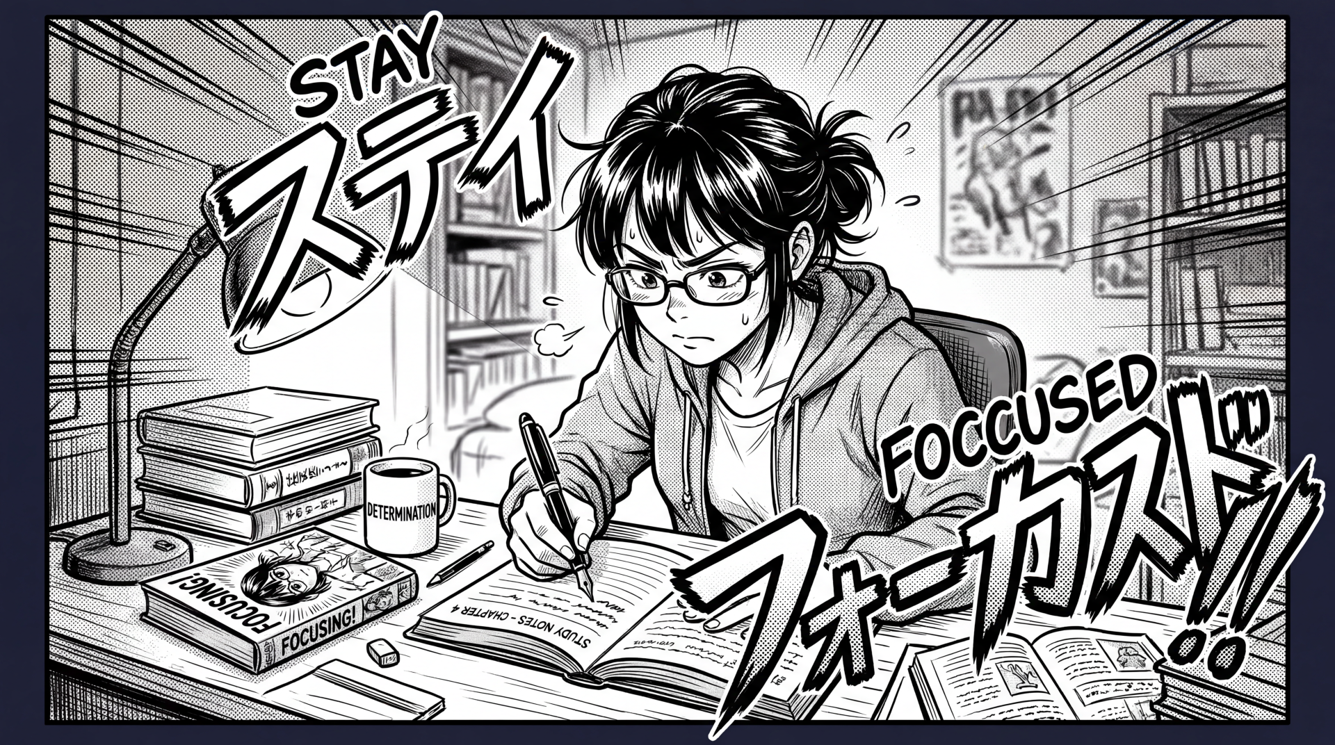 Manga-style 5K Ultra HD PC desktop wallpaper and background: intense student studying at a cluttered desk, bold STAY FOCUSED comic text in Japanese and English, monochrome.