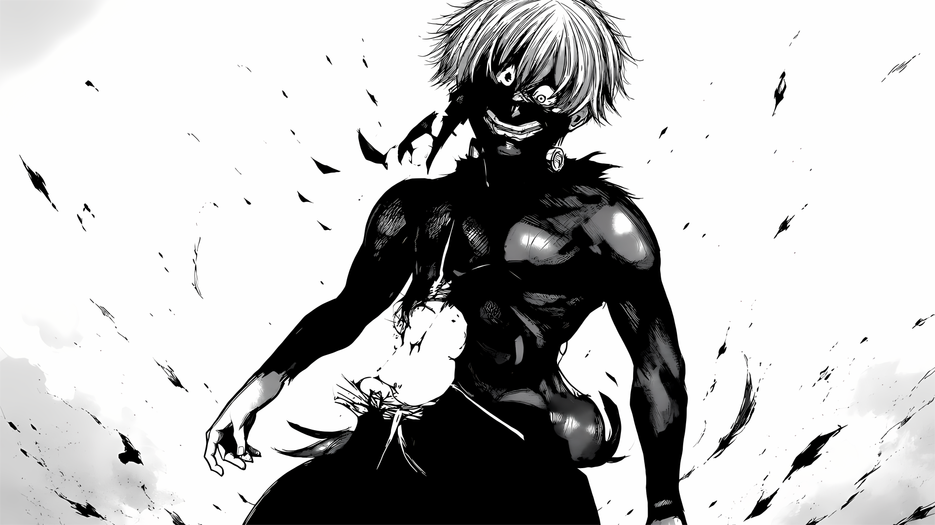 Tokyo Ghoul 5K Ultra HD PC desktop wallpaper/background: stark monochrome of a white-haired ghoul with a torn mask, exposed dark torso and ink-splatter aura.