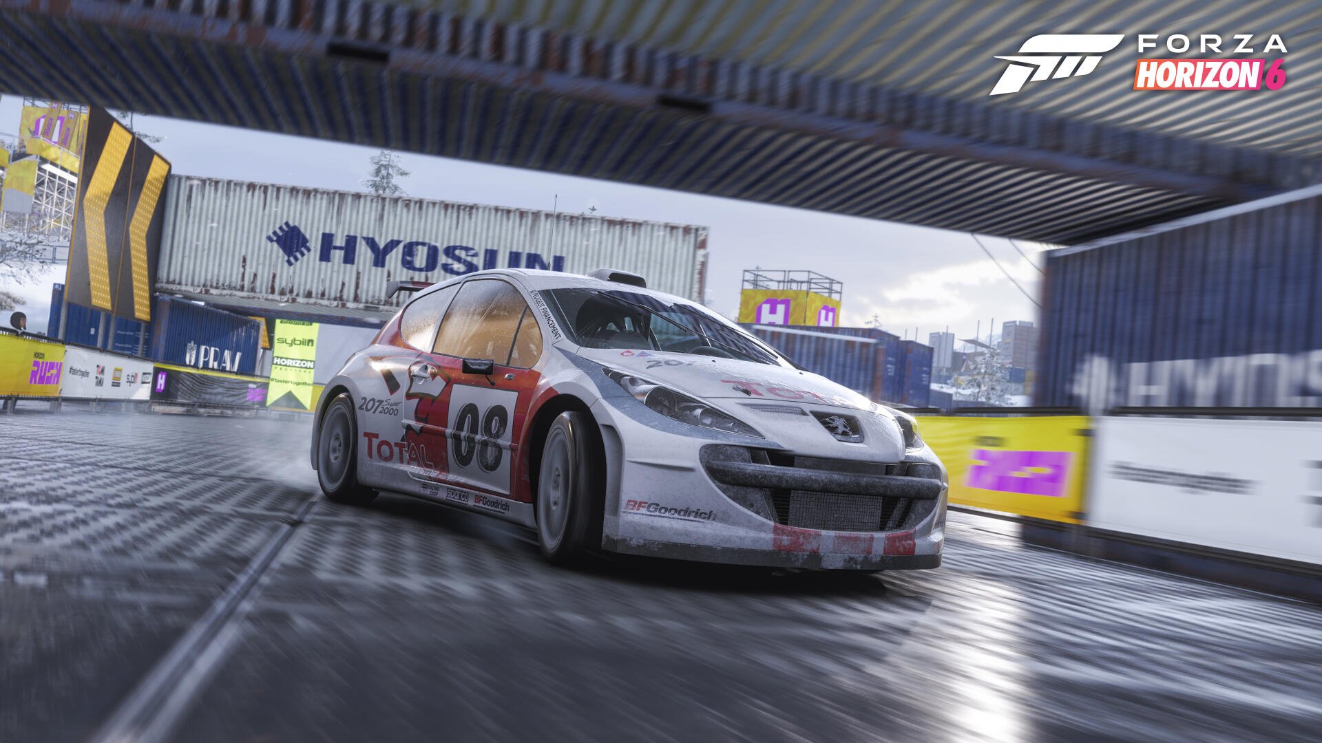 Forza Horizon 6 video game: white racing car with number 08 speeds through a rain-slick shipping yard — 4K Ultra HD PC desktop wallpaper and background.