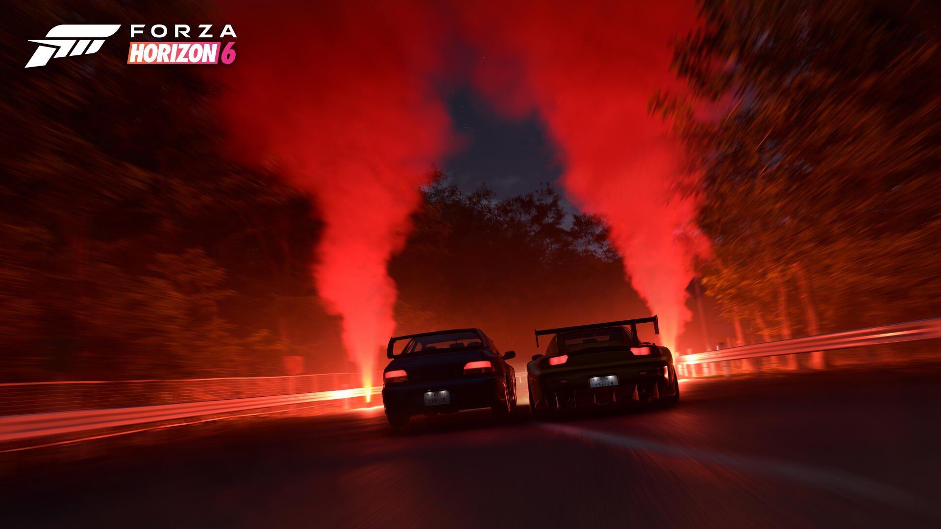 Forza Horizon 6 video game 4K Ultra HD PC desktop wallpaper and background: two cars race side-by-side at night with red flares and smoky forest lighting.